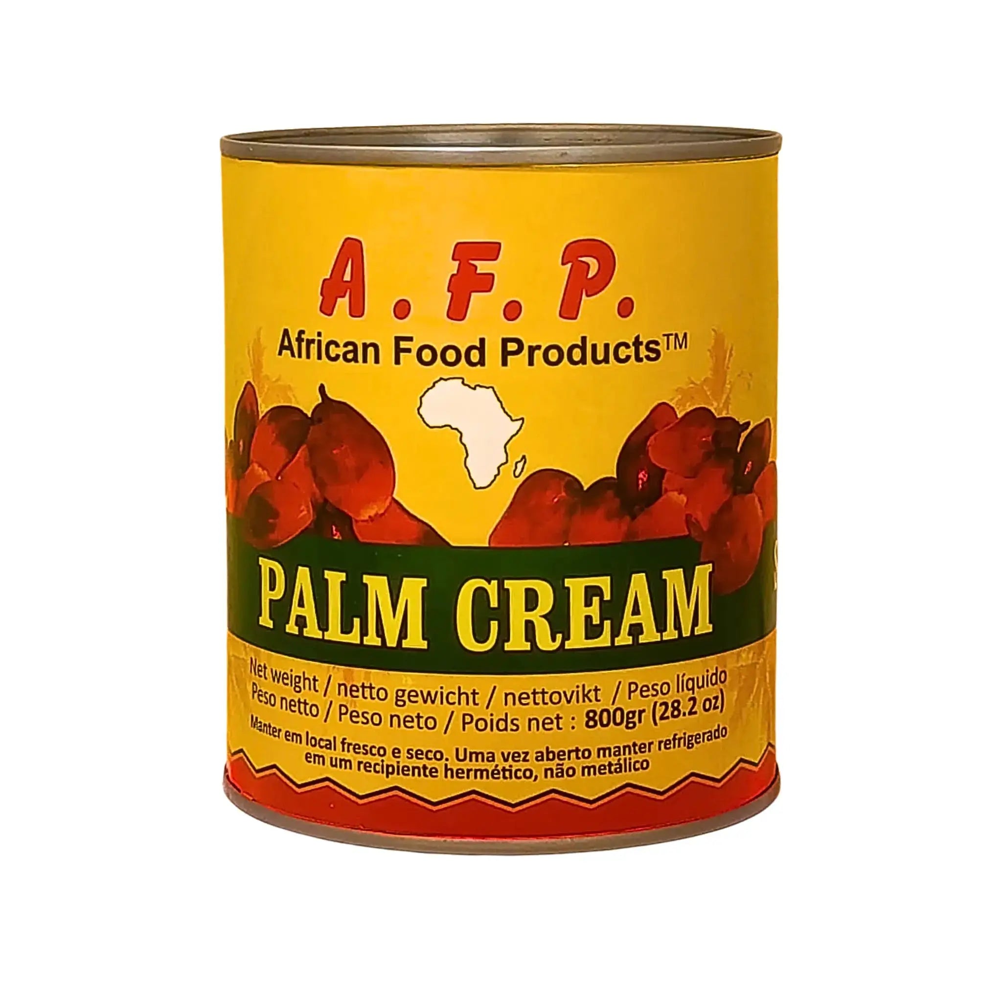 Burk med palmkräm 800g, gul etikett med palmmotiv, afrikansk matprodukt.