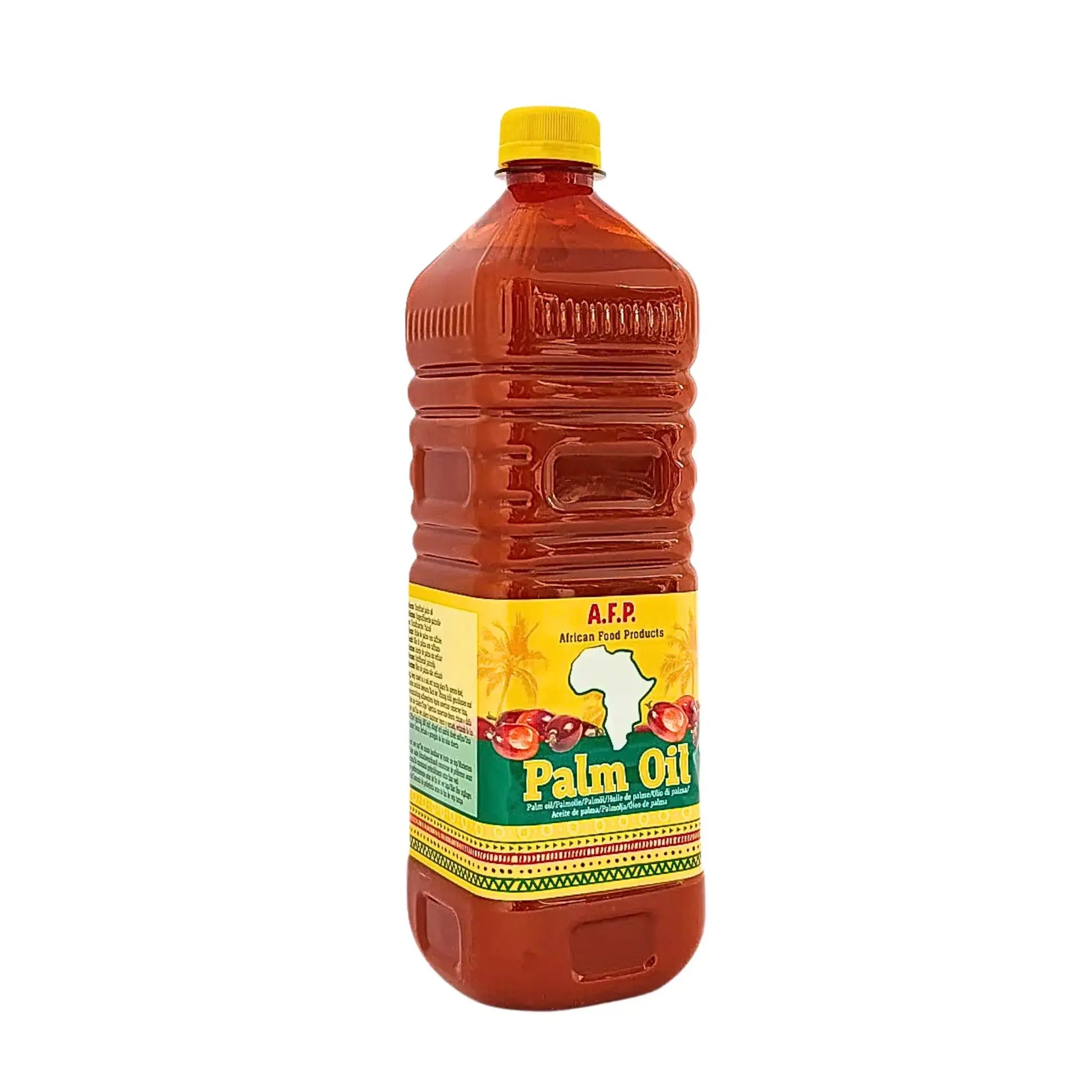 Afrikansk palmolja 1L plastflaska med gul kork och färgglad etikett