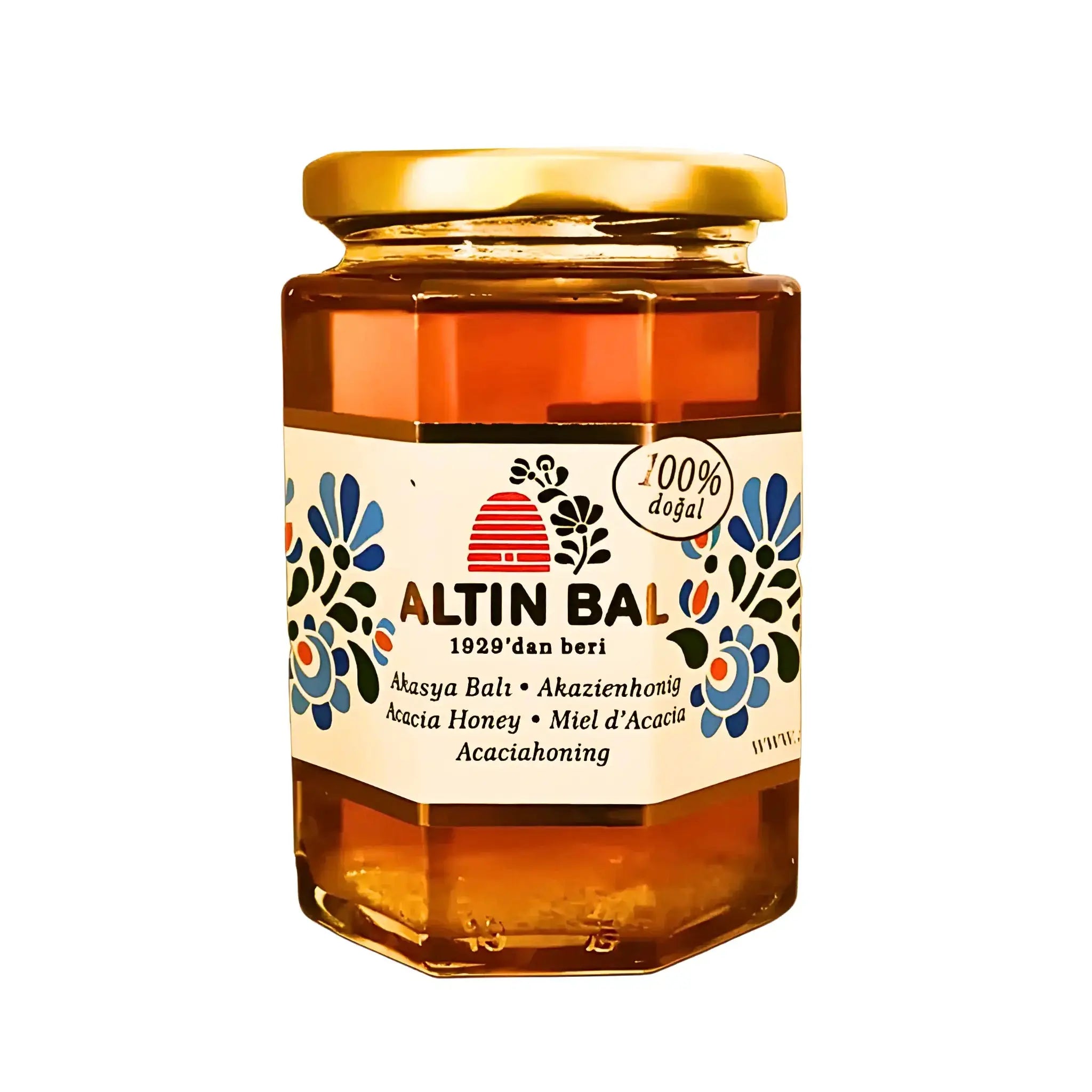 Glasburk med akaciahonung Altin Bal 350g, orientaliskt motiv och guldfärgat lock