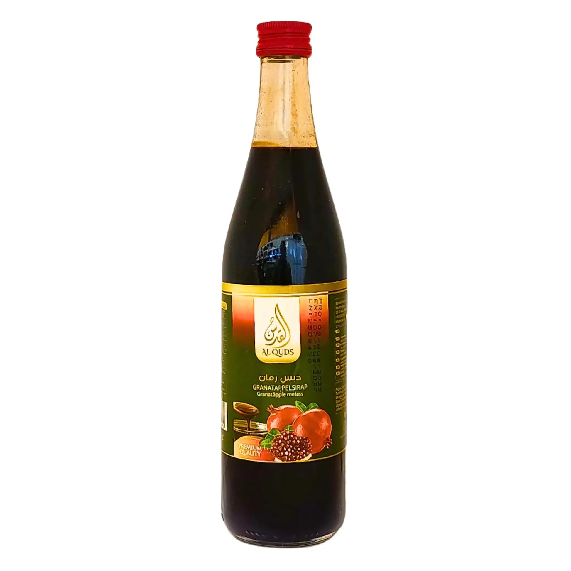 Glasflaska med Al-Quds granatäpplesirap 600ml, orientalisk produkt med röd kork
