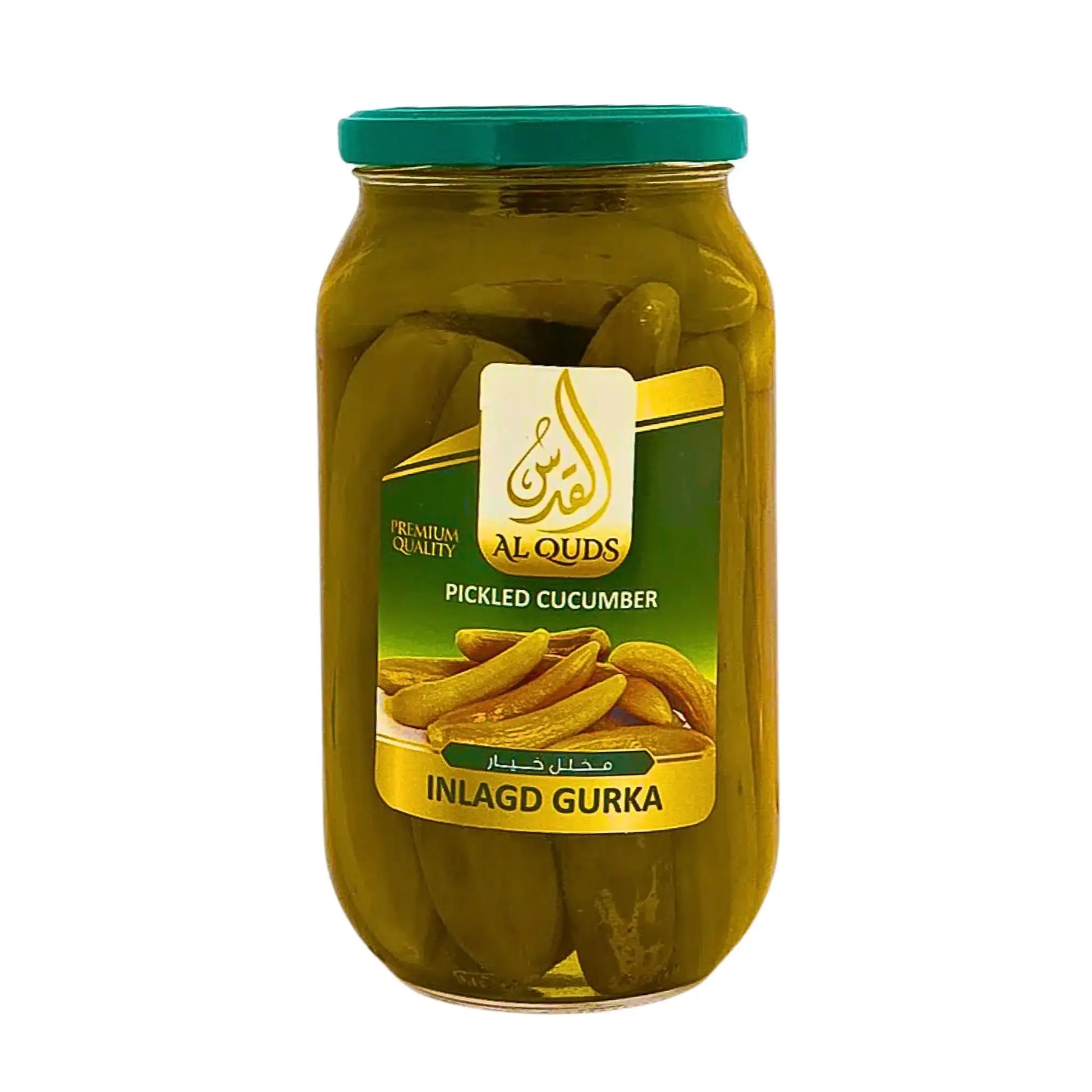 Burk med Al Quds inlagd gurka orientalisk picklad gurka 1kg på vit bakgrund