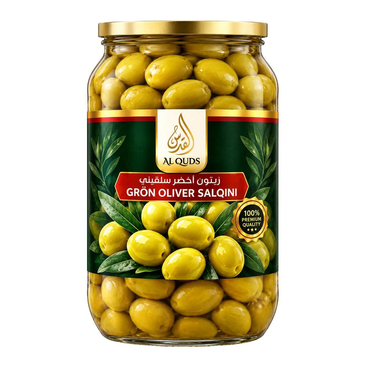 Produktbilde: Al Quds Grønne Salkini Oliven 1000g | Syrisk knuste oliven i saltlake | Shirdell.no