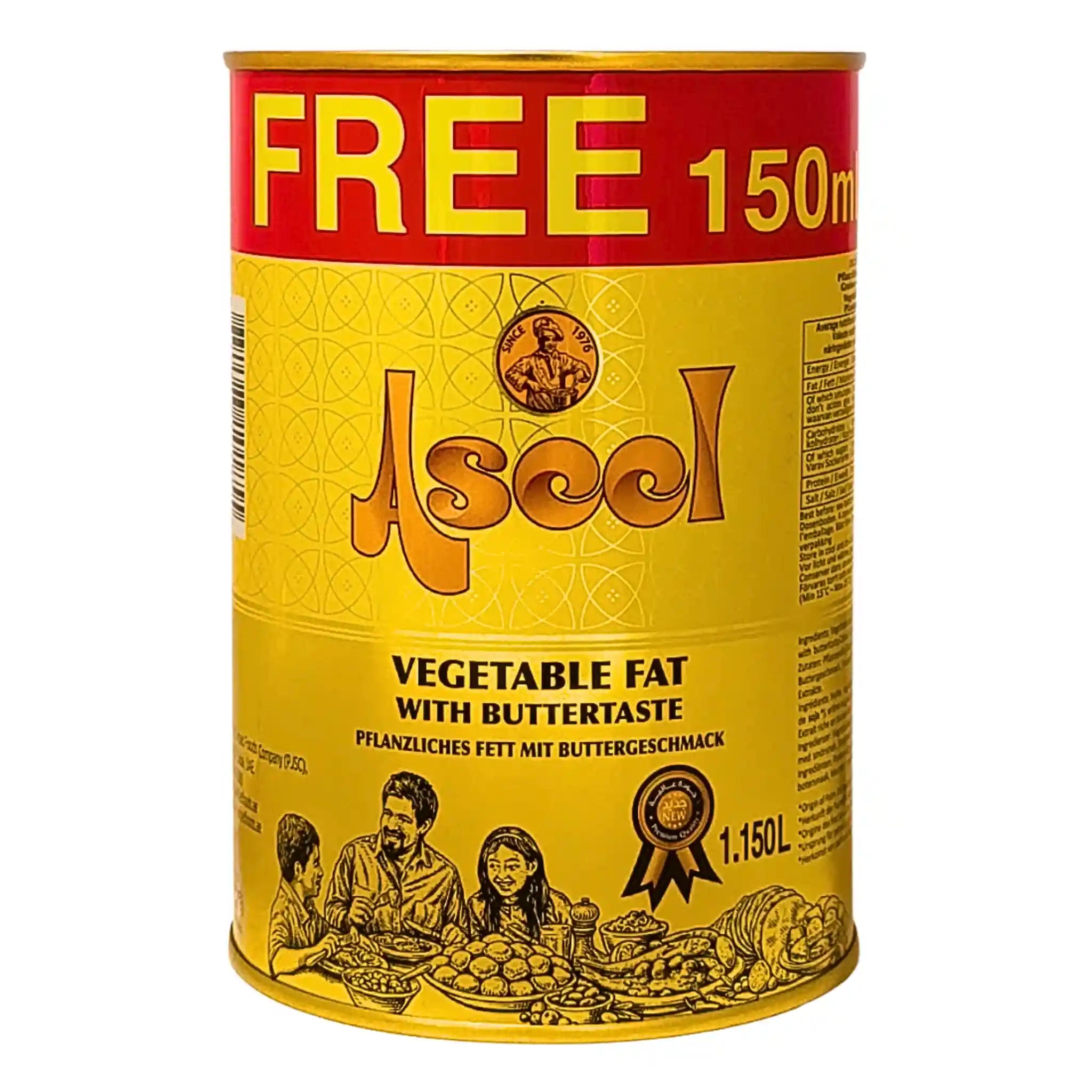 Aseel vegetabiliskt matfett 1,15L med smörsmak i gul burk, orientaliska motiv.