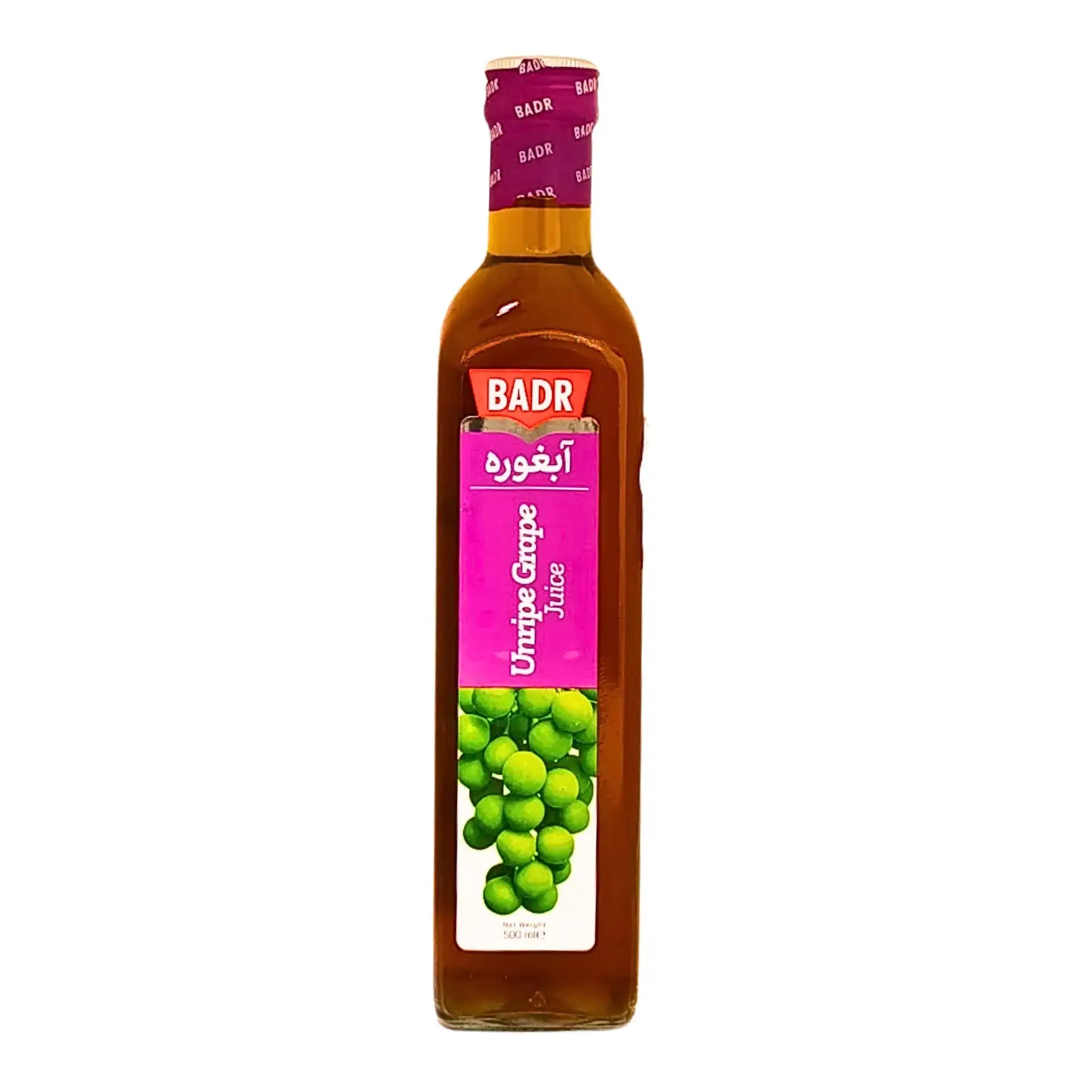 500 ml flaska vindruvsjuice med etikett och gröna vindruvor, orientalisk dryck
