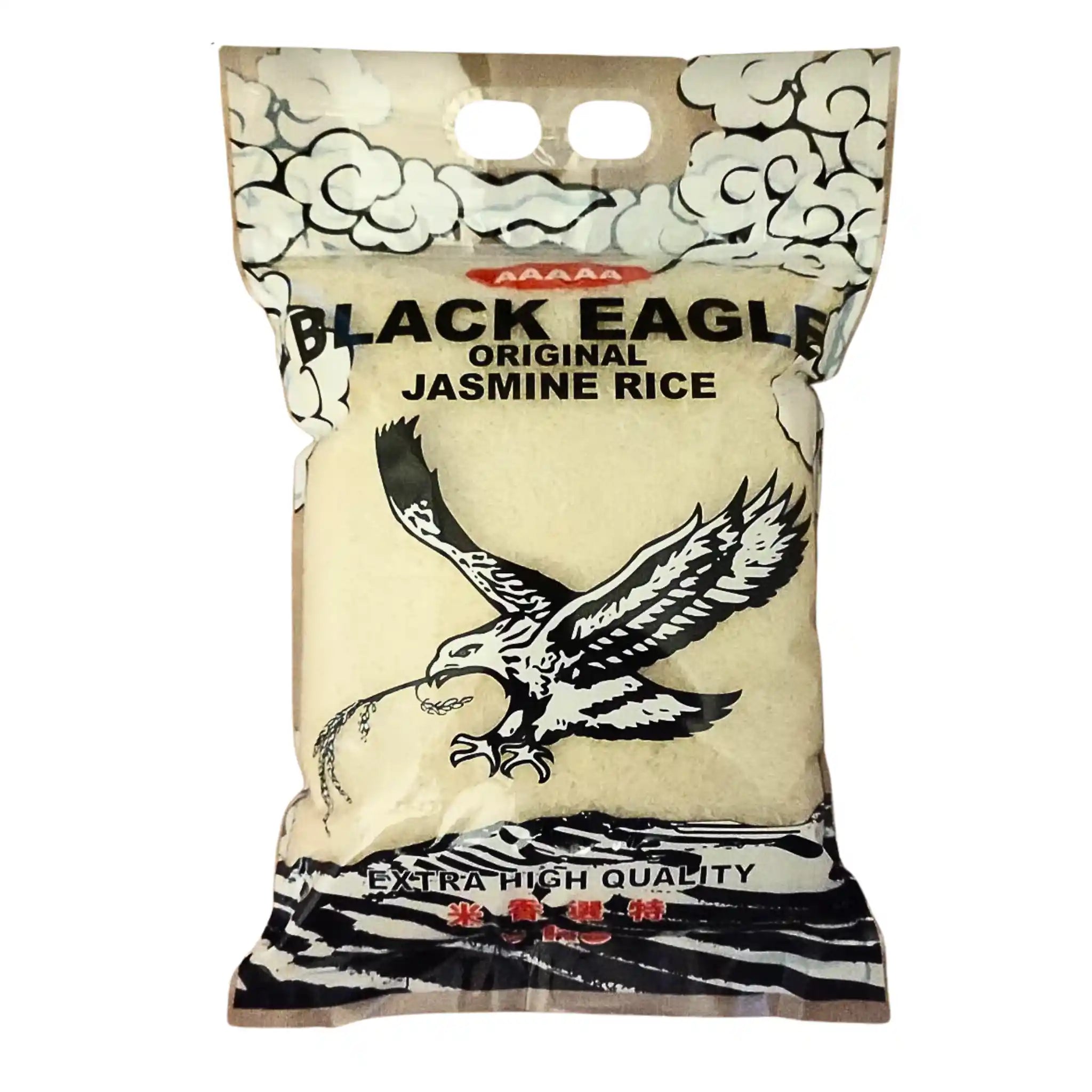 Black Eagle jasminris 5kg i genomskinlig påse med örnteckning och text, extra hög kvalitet.