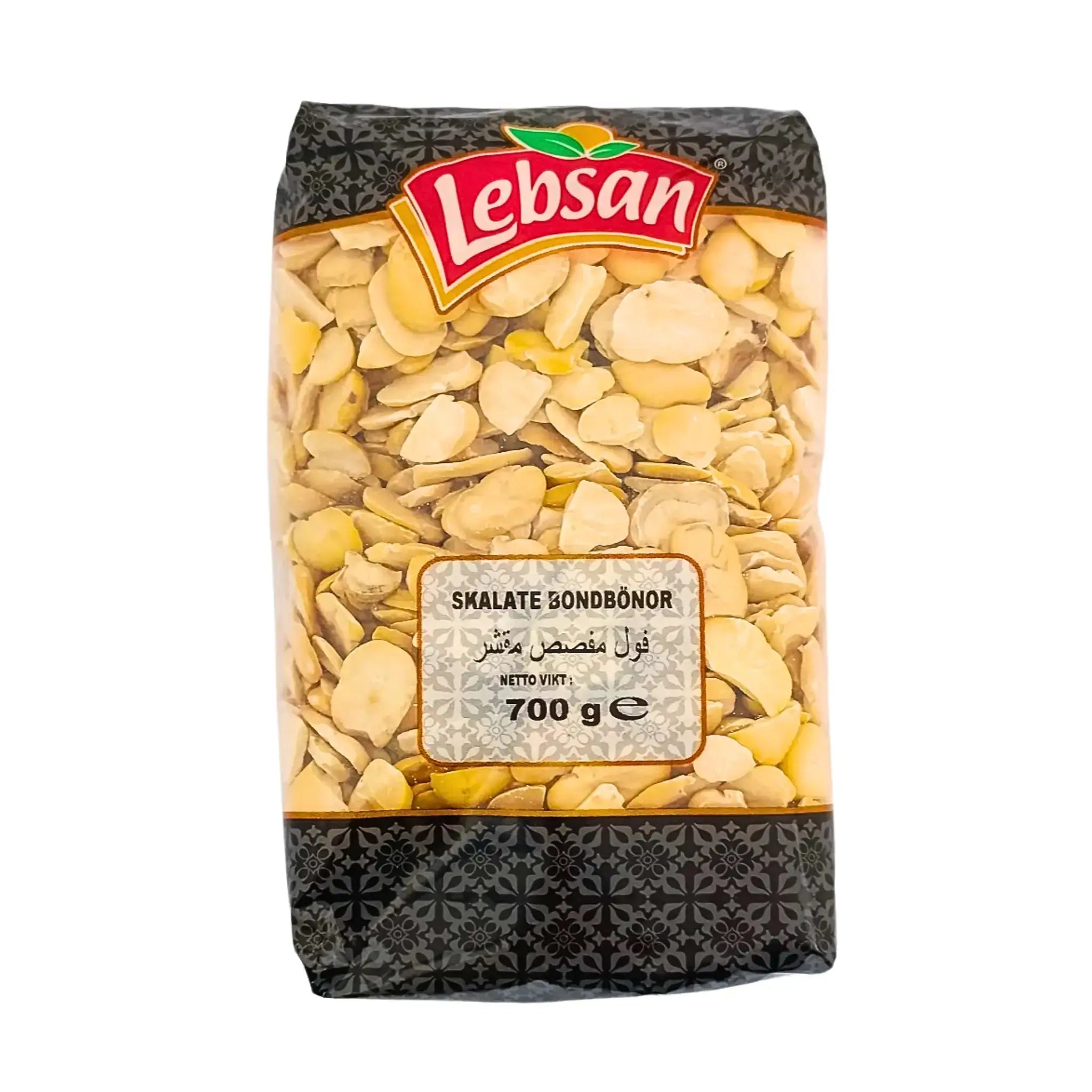 Förpackning med 700g skalade bondbönor, Lebsan, orientaliska baljväxter.