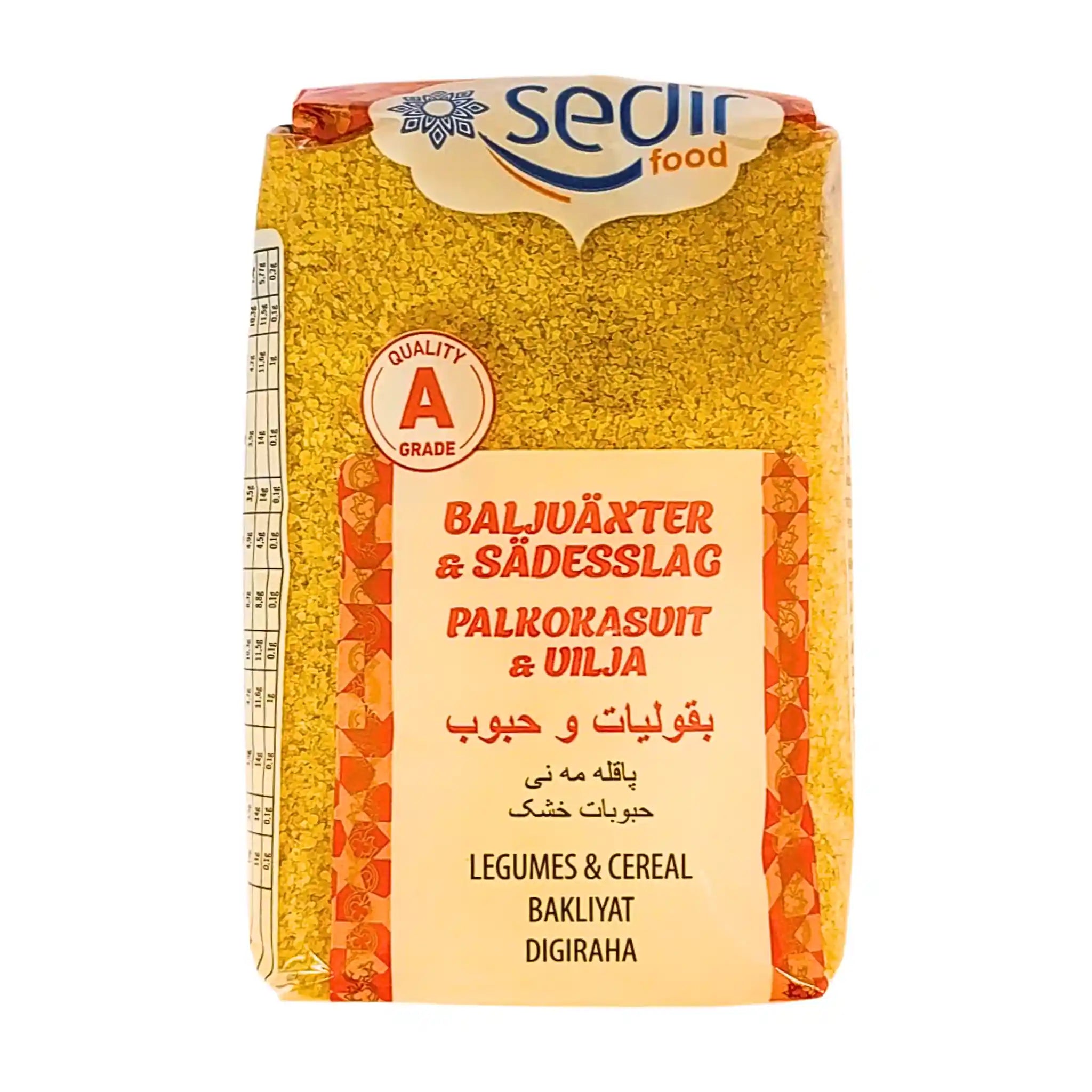 Förpackning med fin bulgur, 800g, tydlig etikett med text om baljväxter och sädesslag på vit bakgrund.