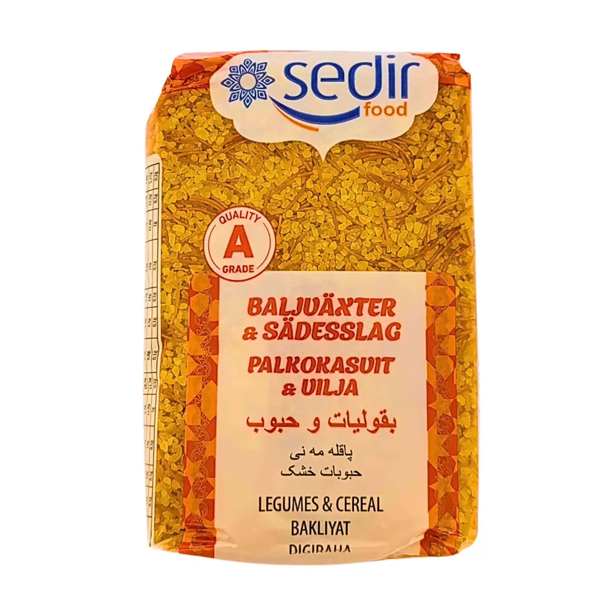 Paket med grov bulgur och vermicelli, 800g, tydlig text på flera språk, orientaliska råvaror.
