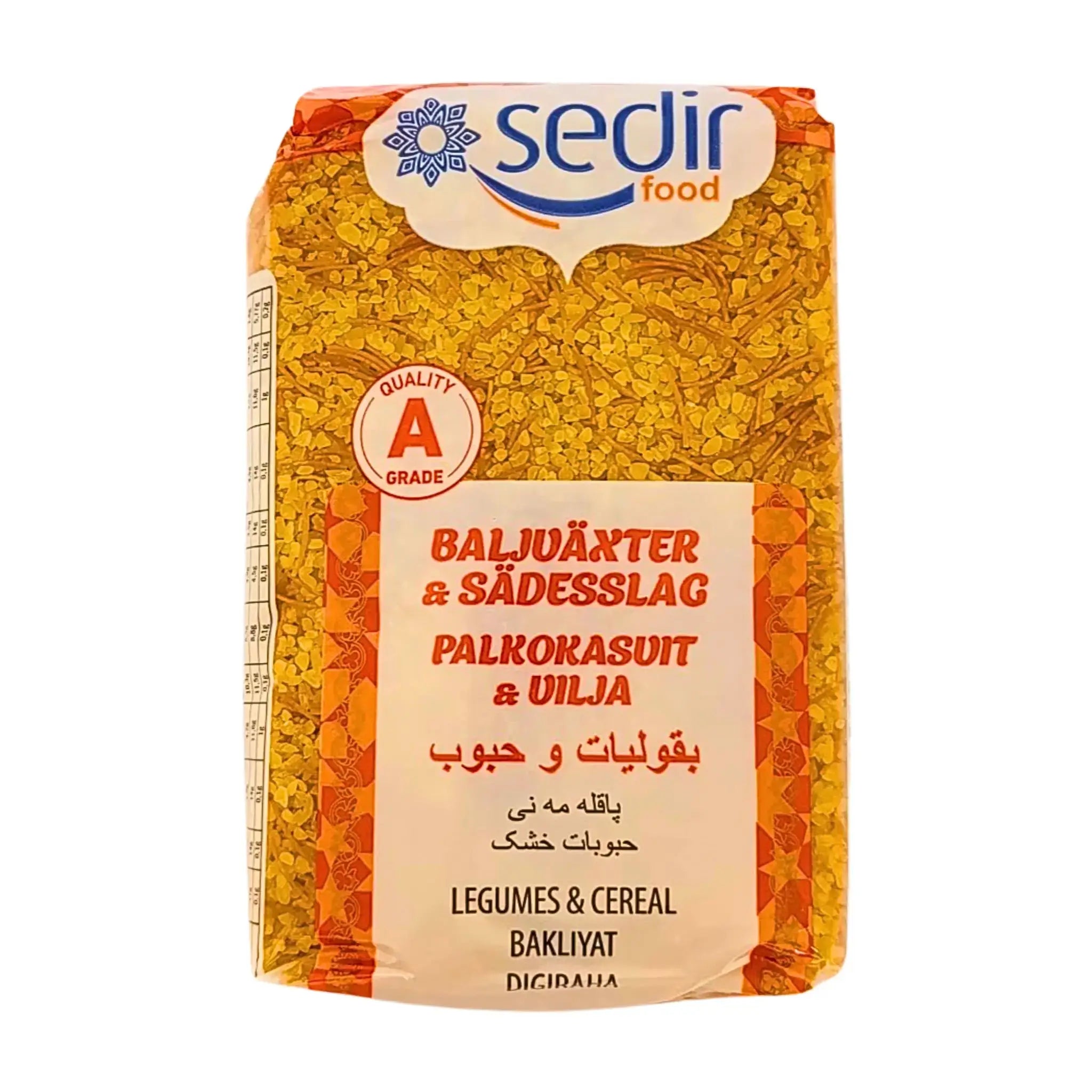 Förpackning bulgur med vermicelli, 800g, tydlig etikett på flera språk, orientalisk matvara