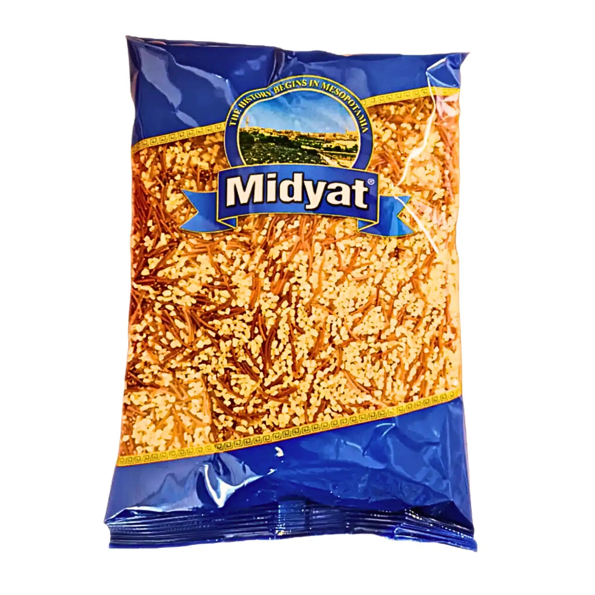 Förpackning med Bulgur Sehriye Vermicelli Midyat 700g, orientaliskt gryningrediens.