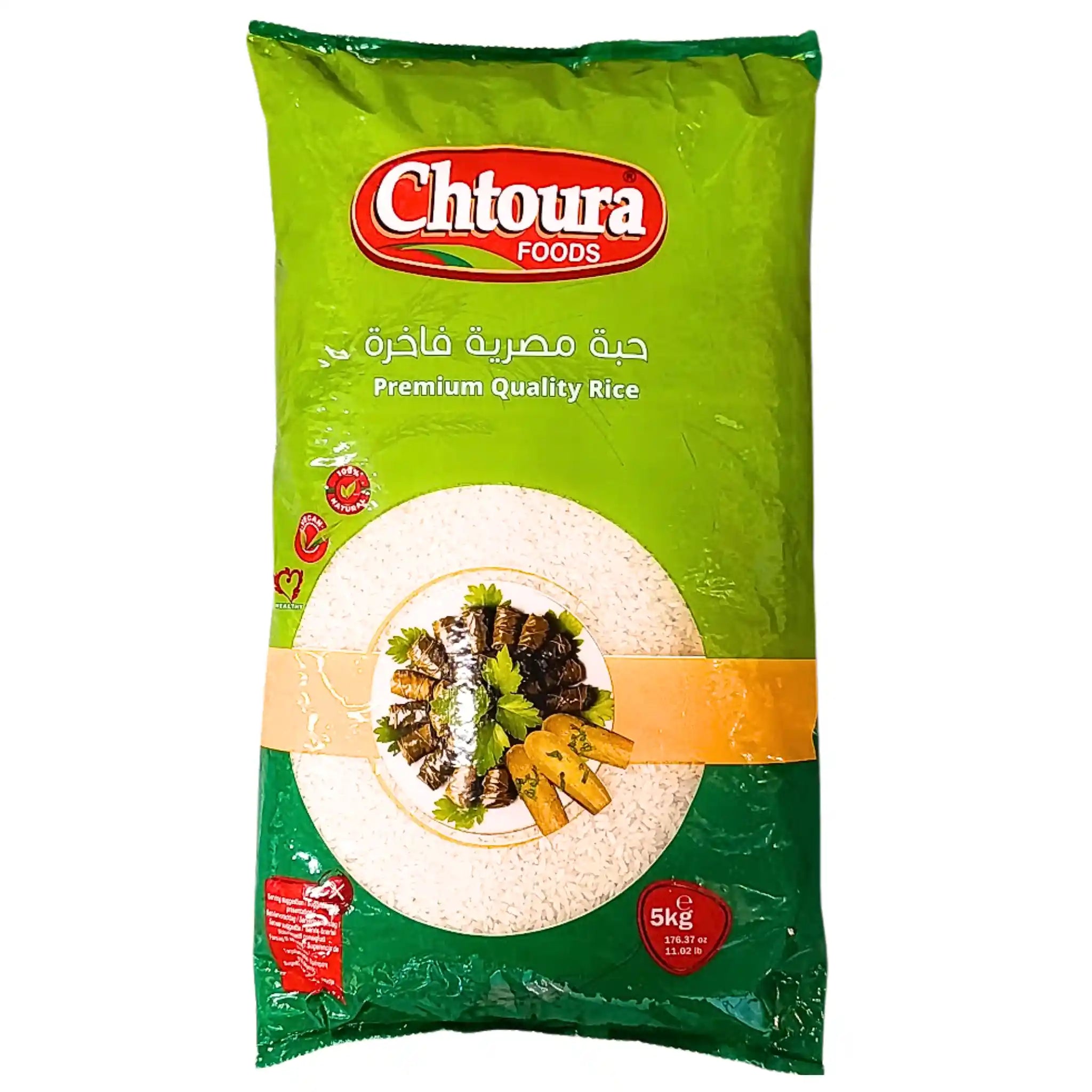 Grön 5 kg påse ris, premium kvalitet, med arabiska och engelska texter, maträtt på framsidan