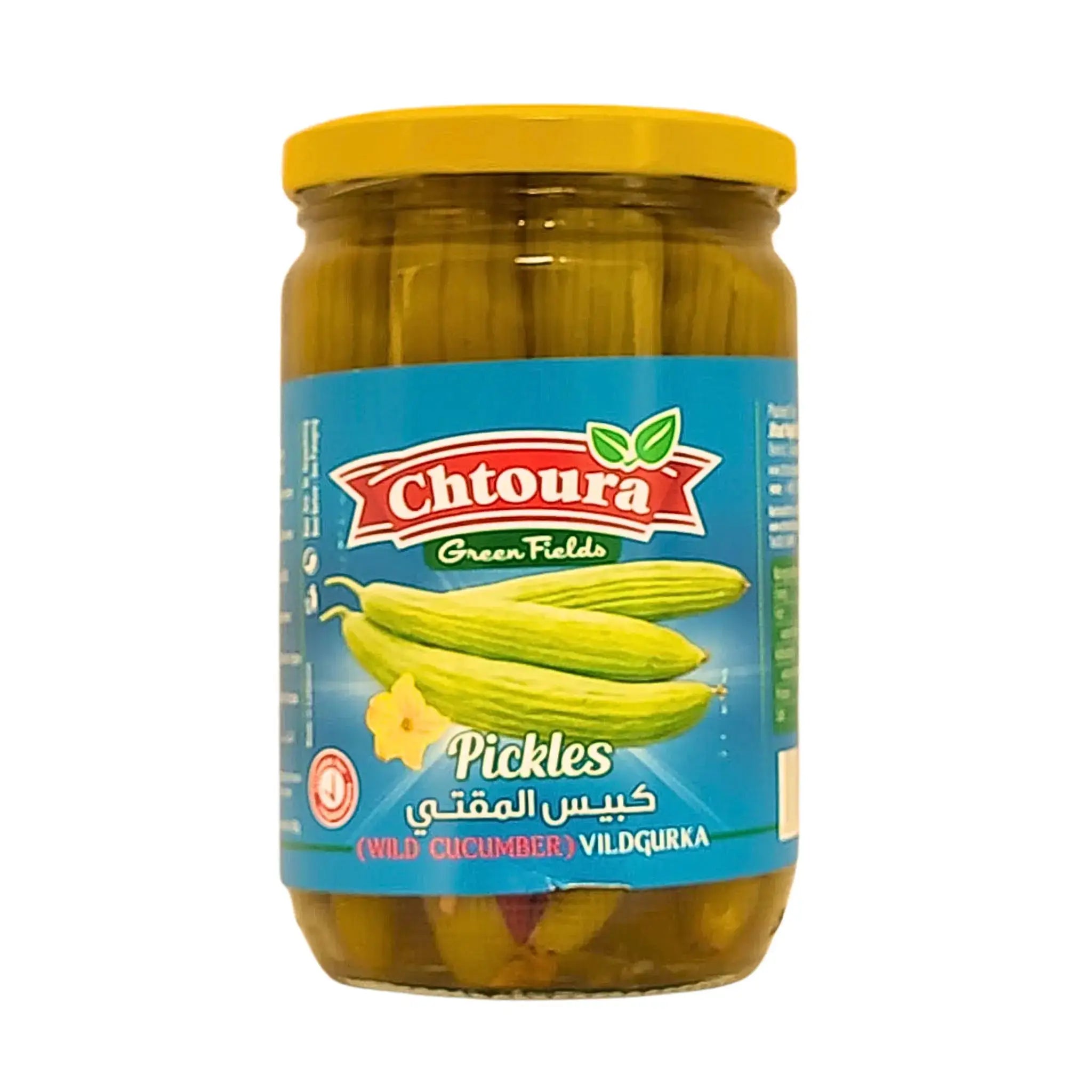 Burk med inlagd vildgurka, Chtoura Green Fields, blå etikett, orientalisk inlagd gurka.