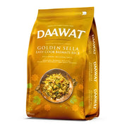 Daawat Golden Sella basmatiris 20 kg påse med gul förpackning och risbild fram