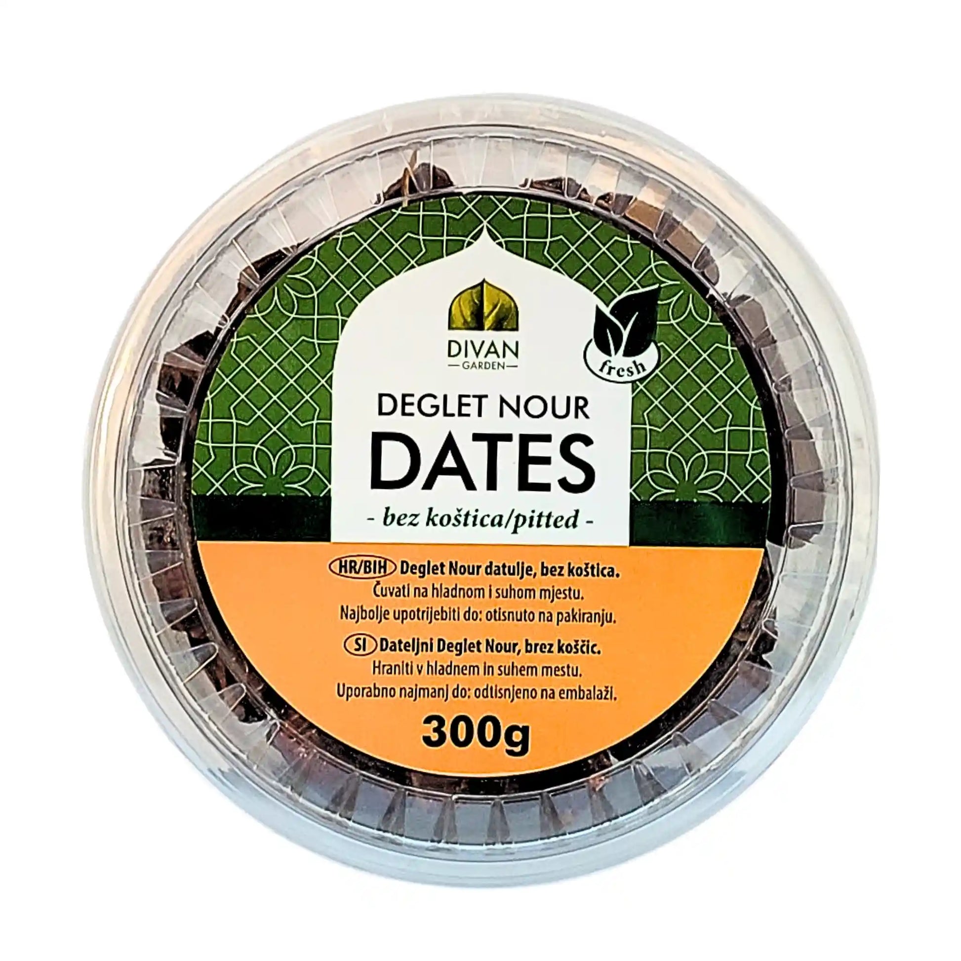Deglet Nour dadlar urkärnade i rund plastförpackning, 300g, orientalisk design