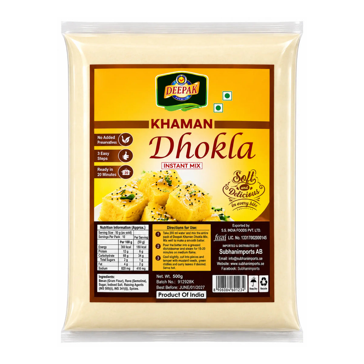 Produktbilde: Deepak Khaman Dhokla 500g | Tradisjonell Indisk Linse- og Kikartkake Blanding | Shirdell.no