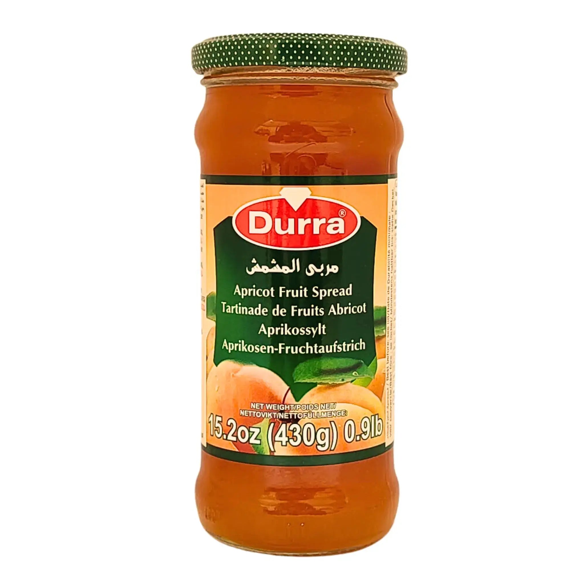 Durra aprikosmarmelad 430g glasburk, orientalisk fruktmarmelad med aprikos på vit bakgrund