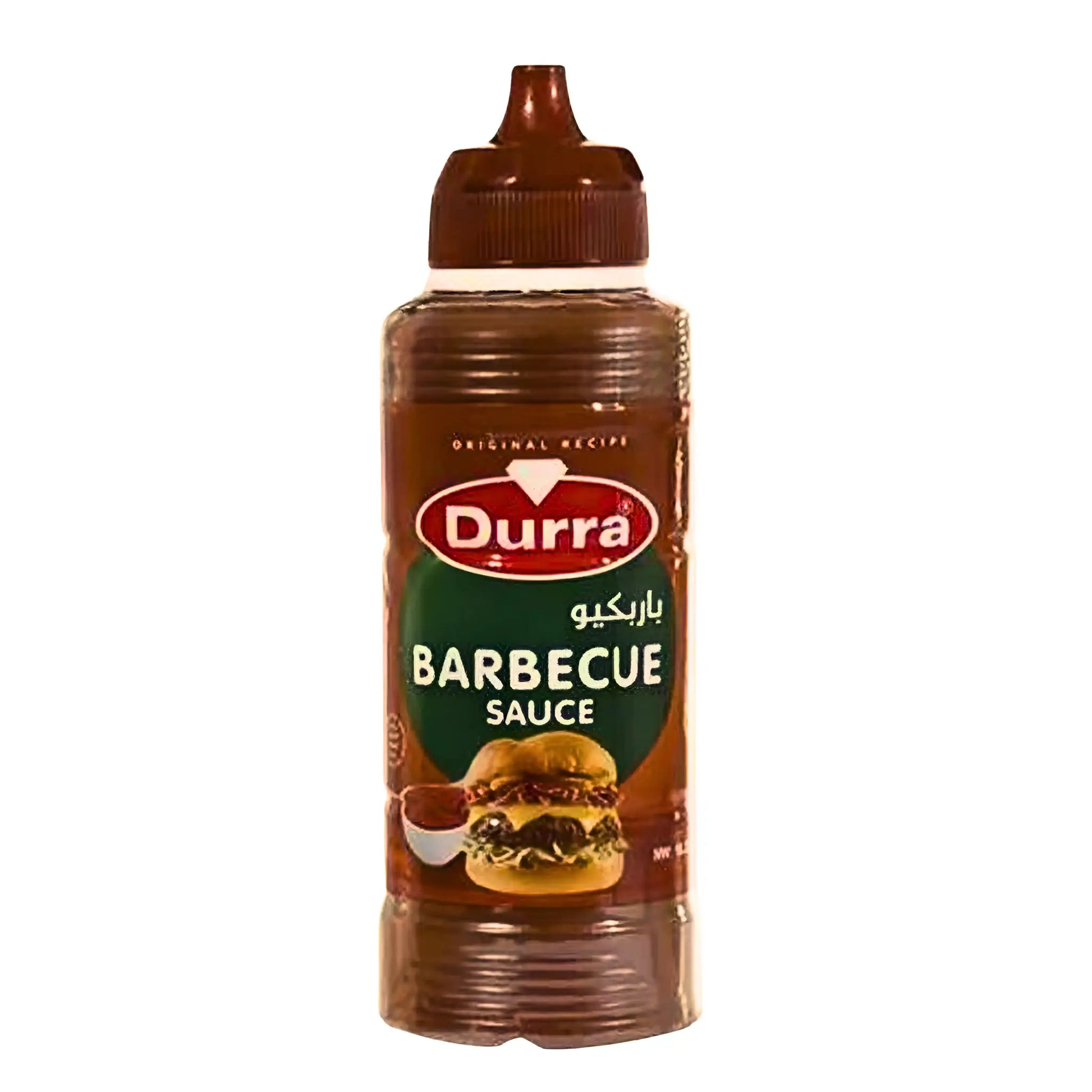 Barbecuesås i plastflaska med brun kork, etikett och hamburgarbild på framsidan.