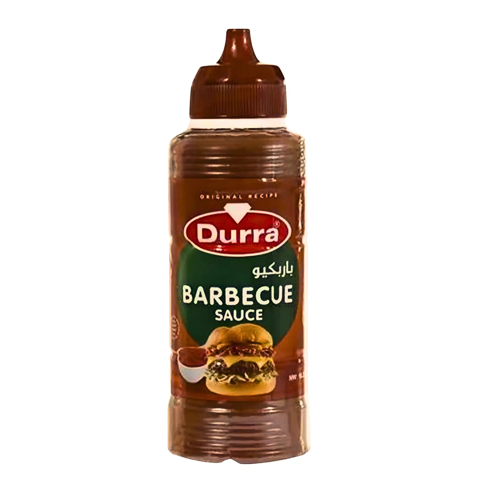Barbecuesås i plastflaska med brun kork, etikett och hamburgarbild på framsidan.
