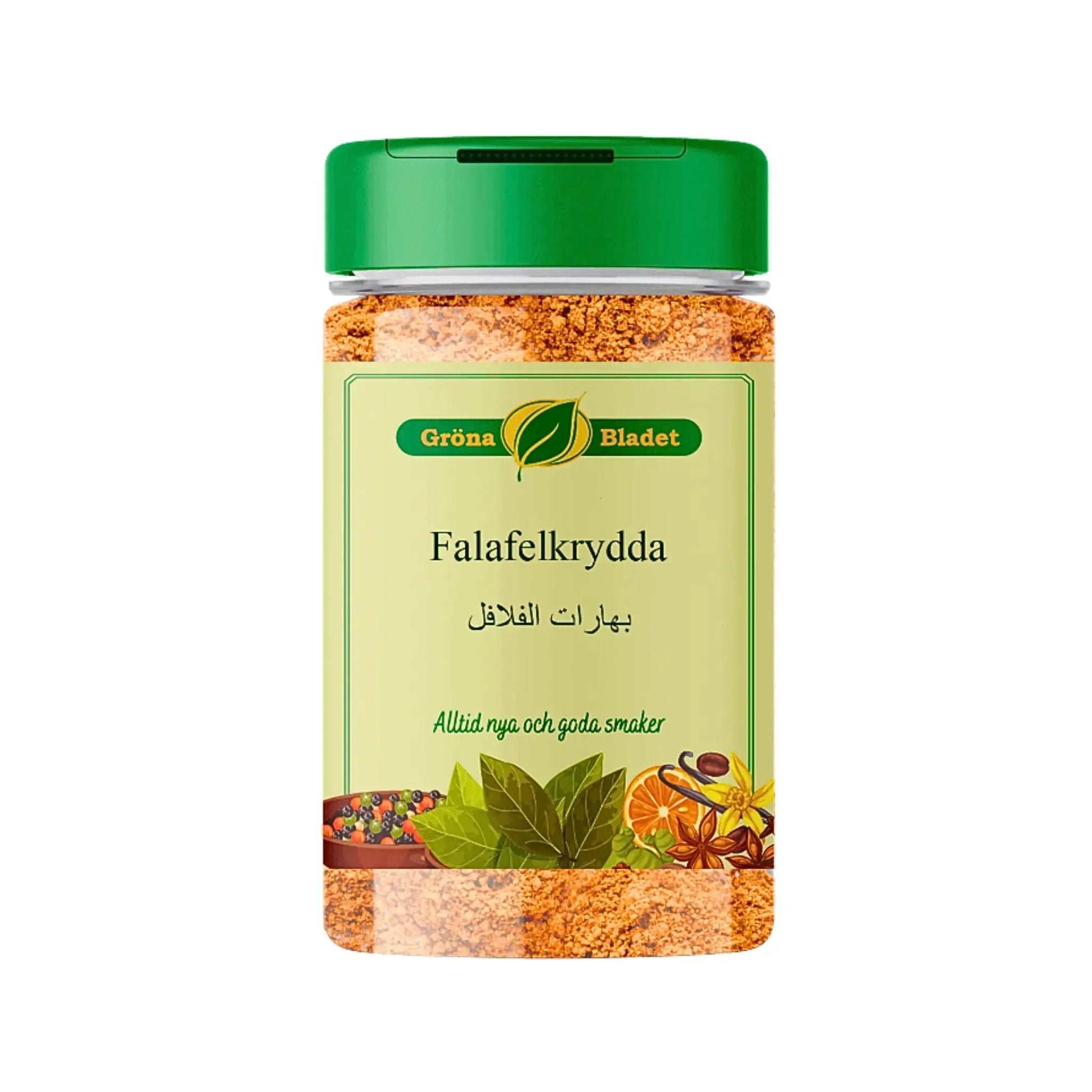 Falafelkrydda orientaliska kryddor i genomskinlig burk med grön lock från Gröna Bladet