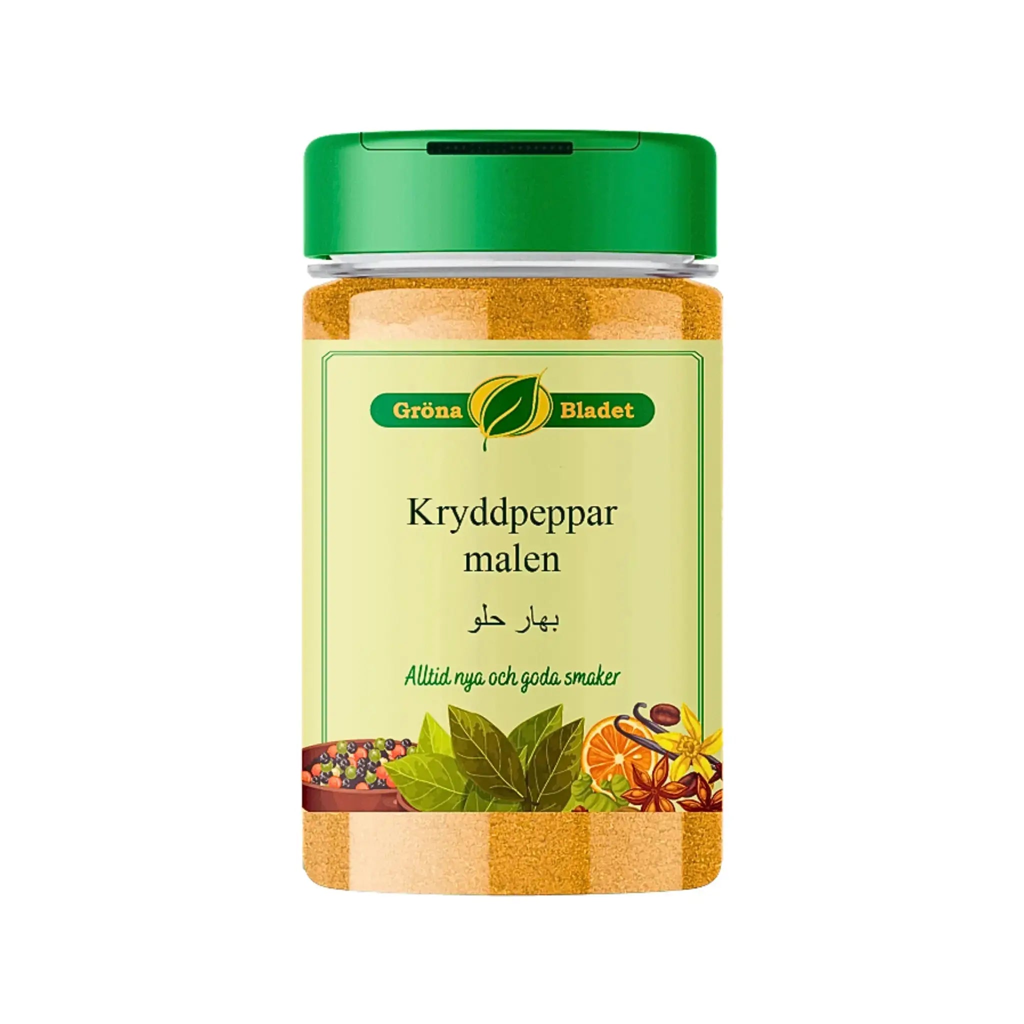 Burk med malen kryddpeppar, grönt lock och dekorativa kryddmotiv på etiketten.