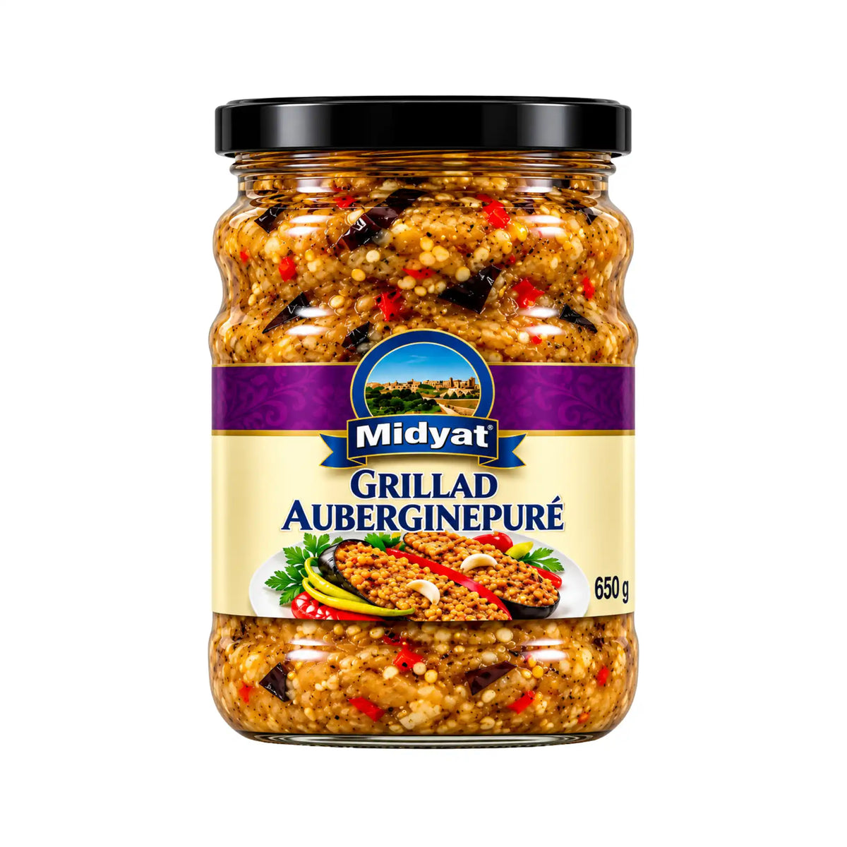 Produktbilde: Grillet Auberginepuré 650g – Ekte Røykig Auberginekrem i Glassboks | Shirdell.no