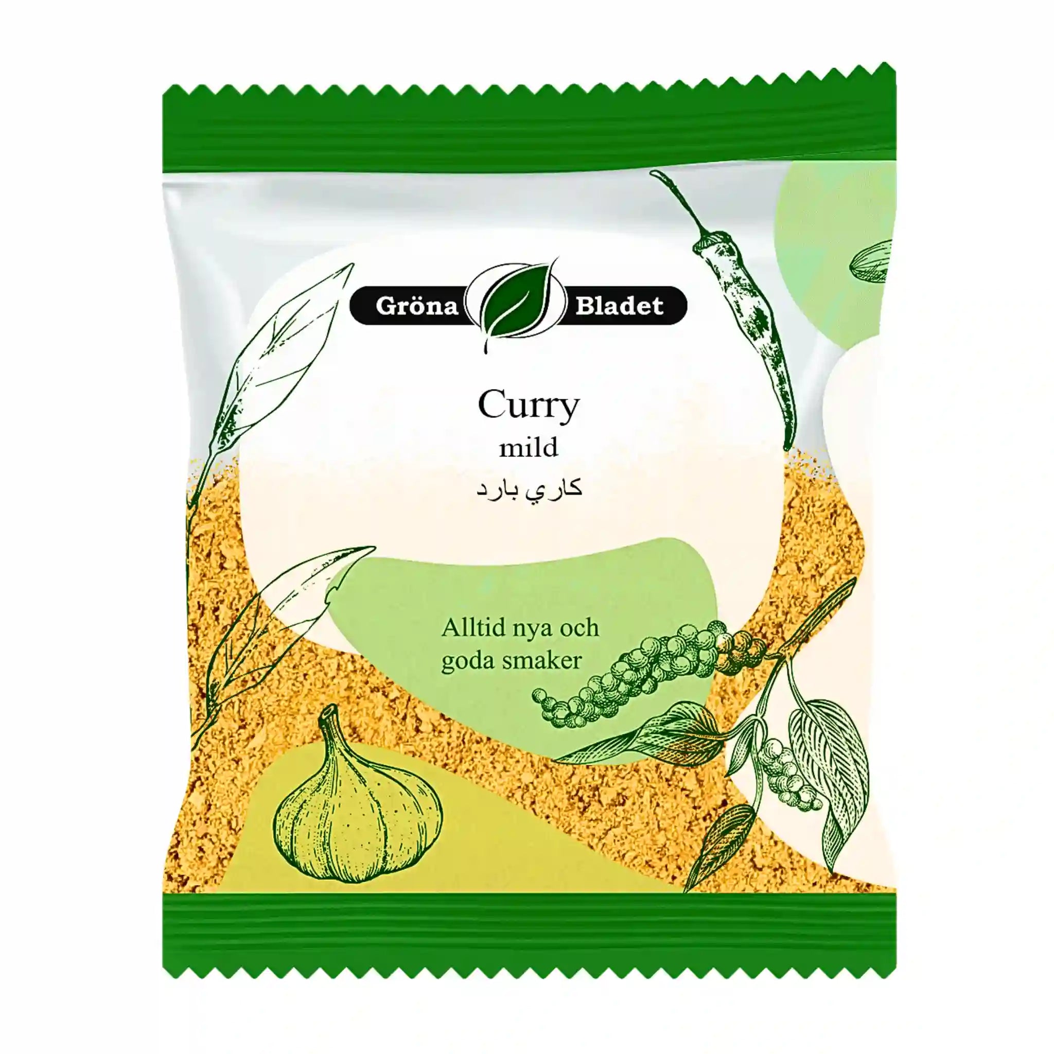 Påse med mild curry, Grönabladet, 40g med illustrationer av vitlök och peppar.