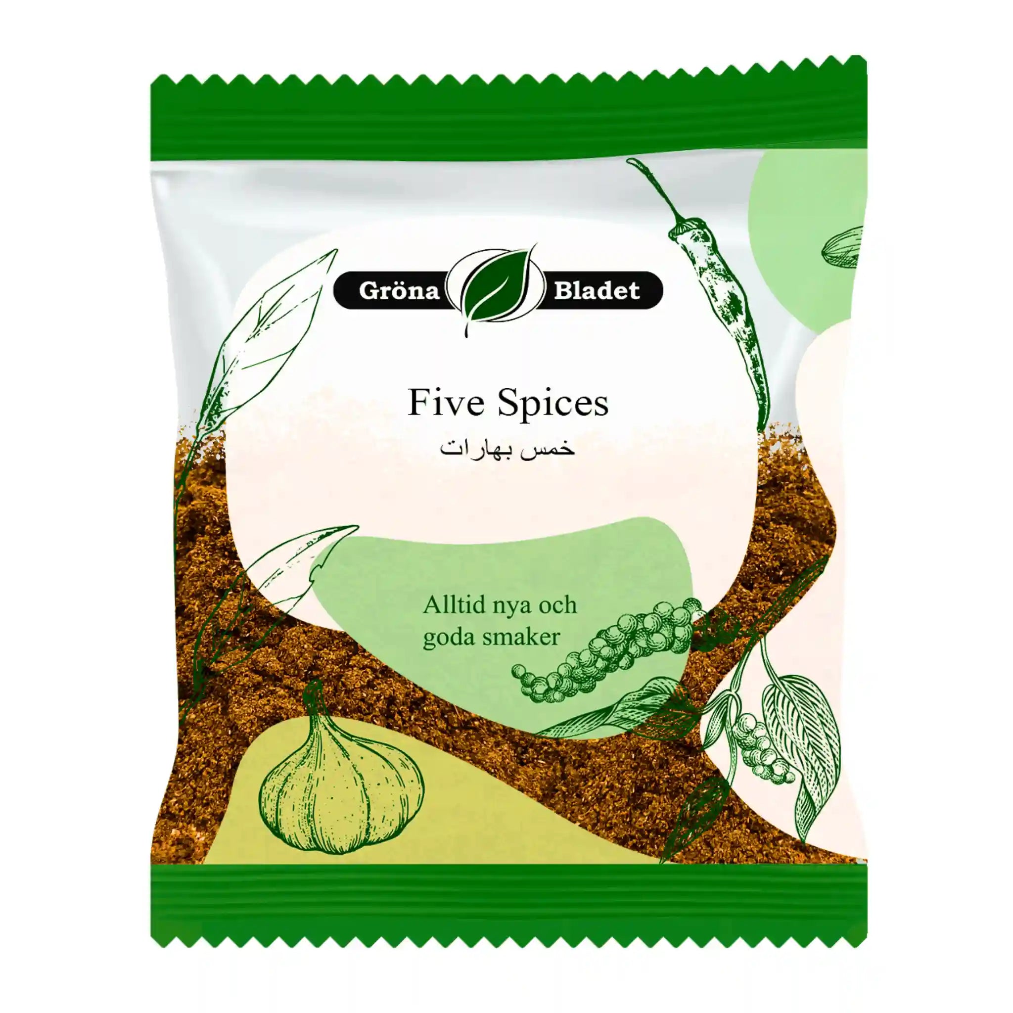 Gröna Bladet Five Spices kryddmix 40g i förpackning med grön illustration av vitlök och chili.
