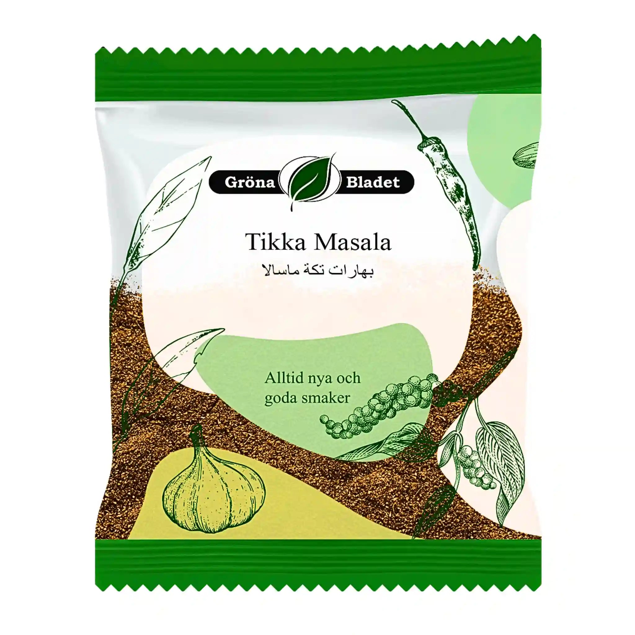 Gröna Bladet Tikka Masala kryddpåse, 40g, vit grön förpackning med kryddillustrationer