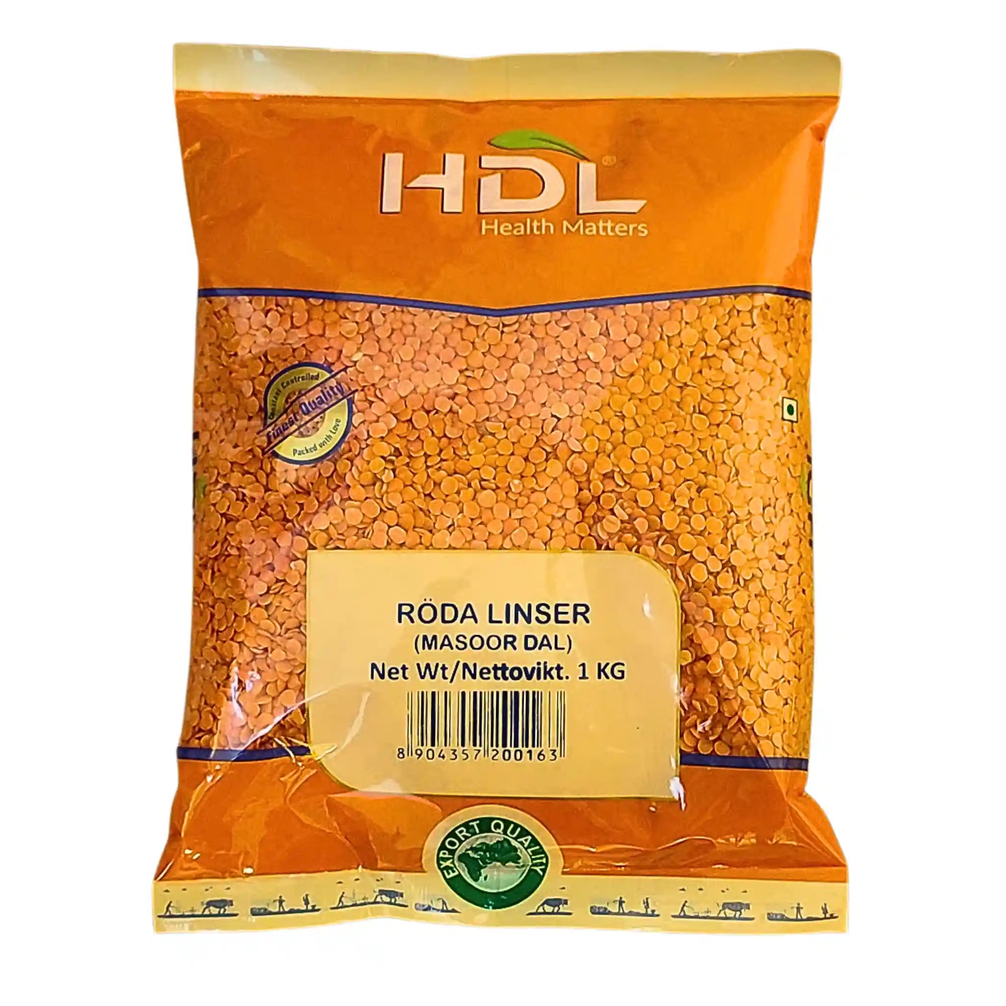 Påse med röda linser masoor dal 1 kg, orientaliska baljväxter för matlagning.