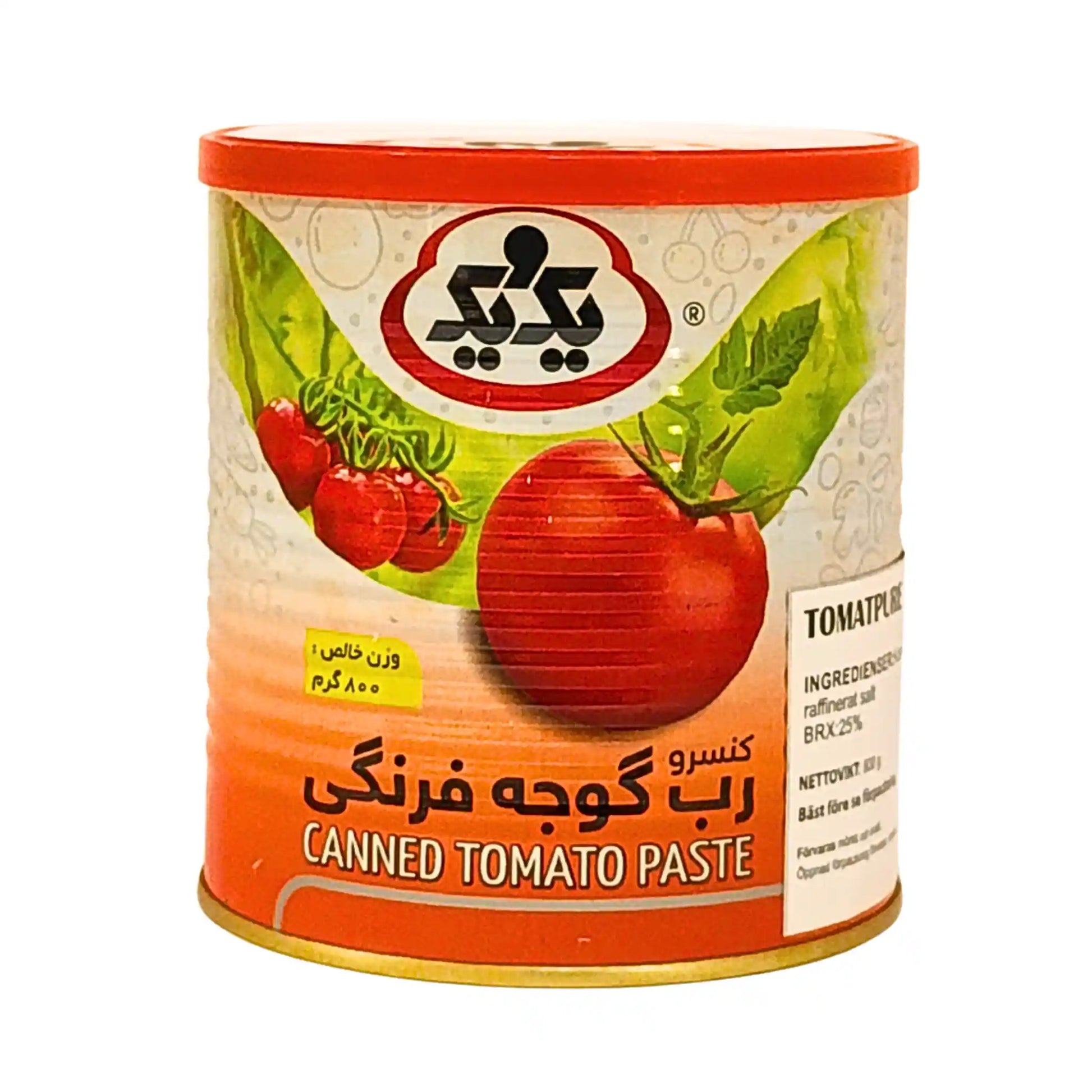 Iransk tomatpuré 800g burk med illustration av tomater på etiketten, orientaliska livsmedel.