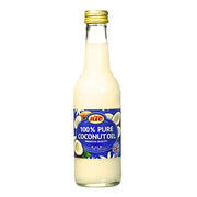 Flaska med 100% ren kokosolja, 250ml, med blå etikett och gyllene skruvkork