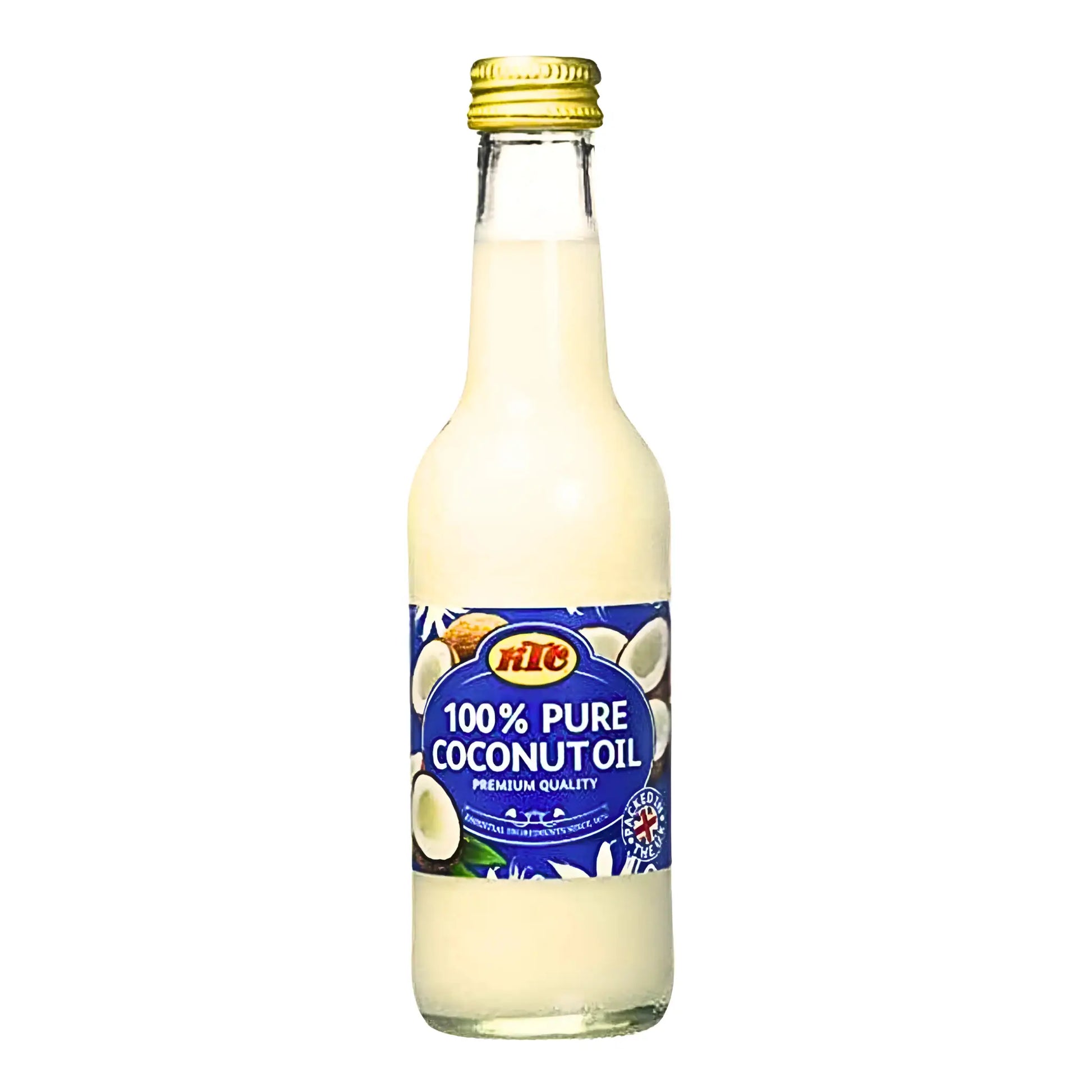 Flaska med 100% ren kokosolja, 250ml, med blå etikett och gyllene skruvkork