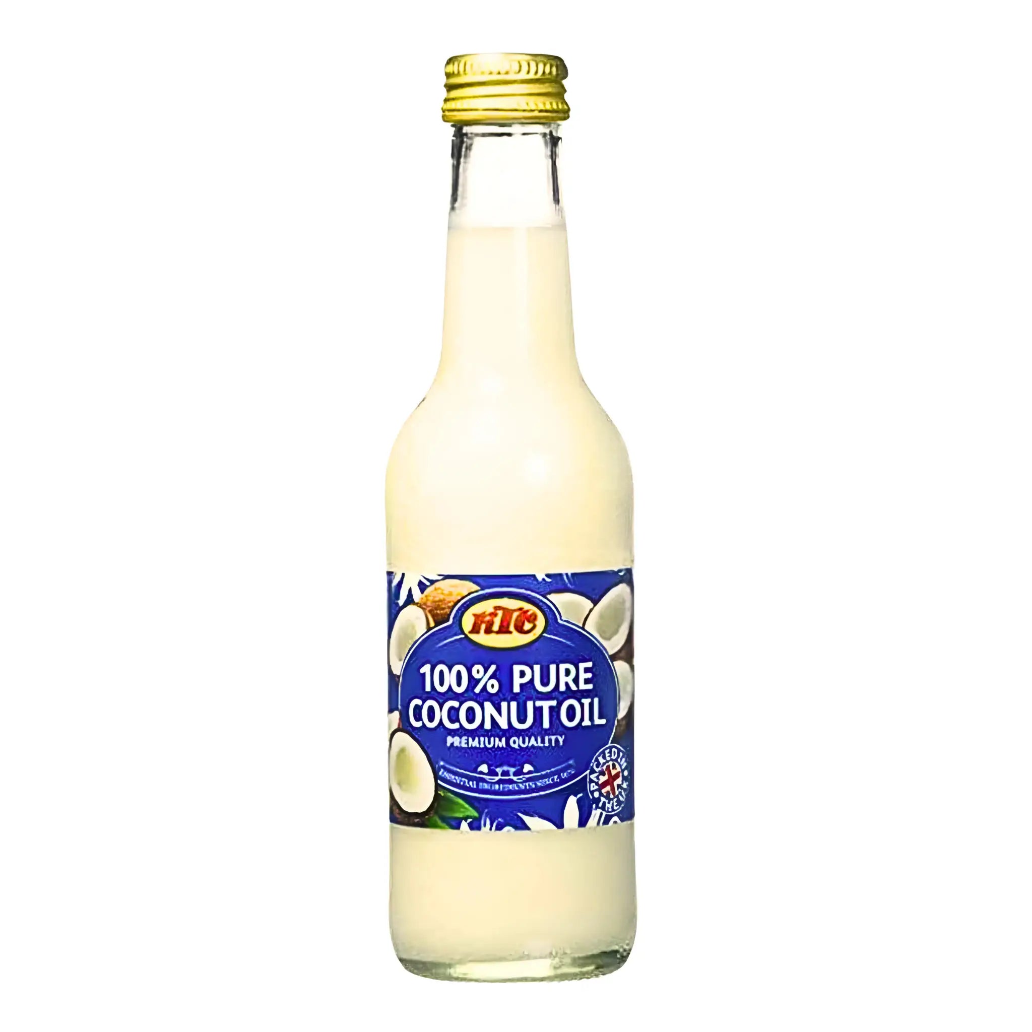 Flaska med 100% ren kokosolja, 250ml, med blå etikett och gyllene skruvkork