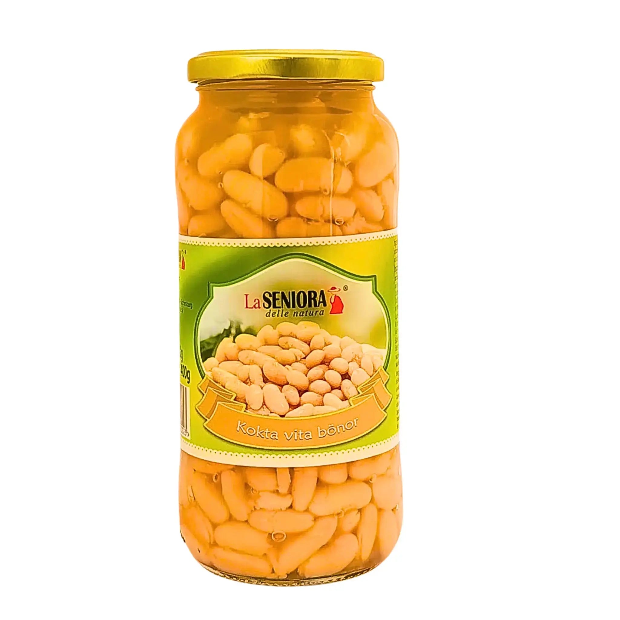 Glasburk med kokta vita bönor, La Senora, orientaliska kolonialvaror.