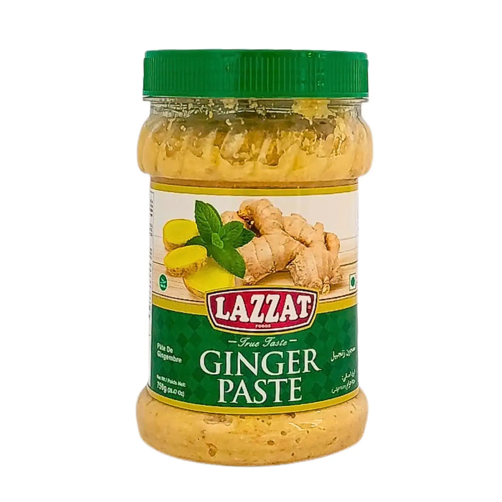 Burk med Lazzat ingefärspasta 750g, grön lock, bild på färsk ingefära på etiketten.