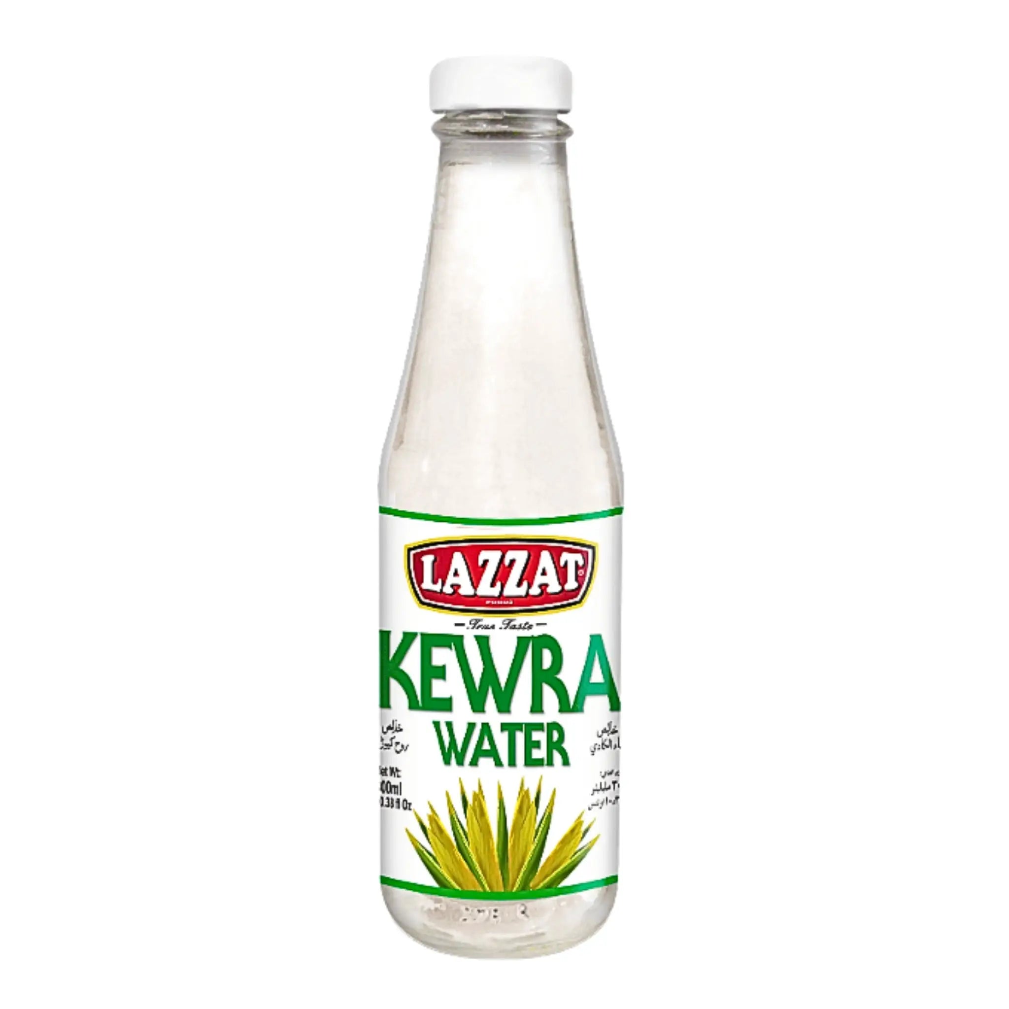 Glasflaska Lazzat Kewra Water 300ml med grön växt på etiketten, orientaliskt livsmedel