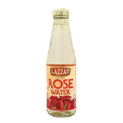 Lazzat rosenvatten 300 ml flaska med tydlig etikett och röda rosor