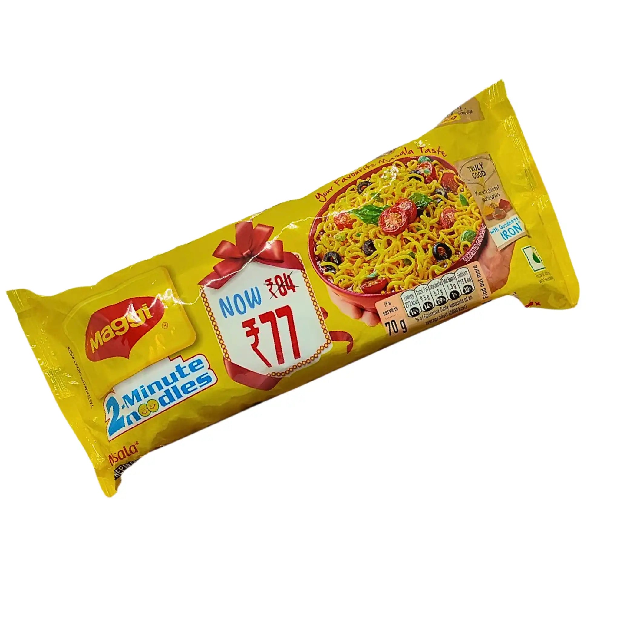Maggi 2 Minute Noodles förpackning, gul påse med nudlar och kryddor synliga på bild.