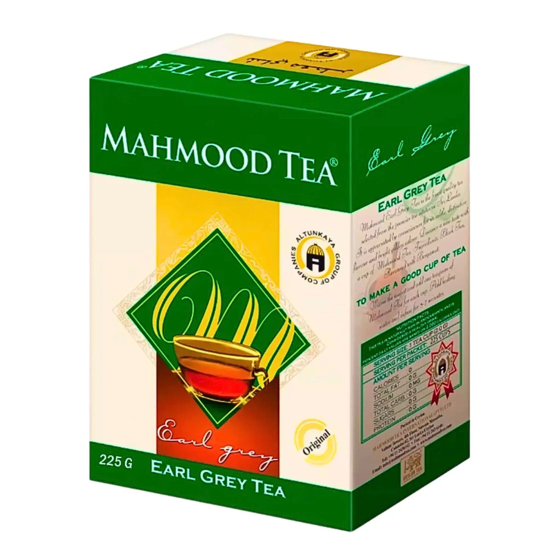 Grön och gul förpackning av Earl Grey te 225g, texten Mahmood Tea synlig på framsidan.