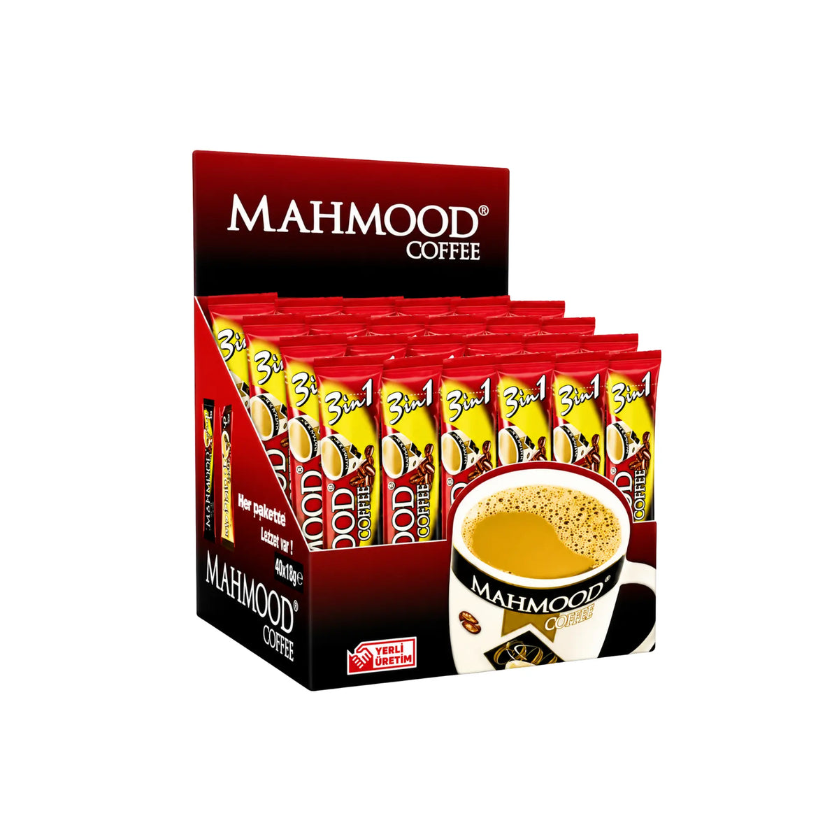 Mahmood pulverkaffe 3 i 1 i röd förpackning med dospåsar och kopp