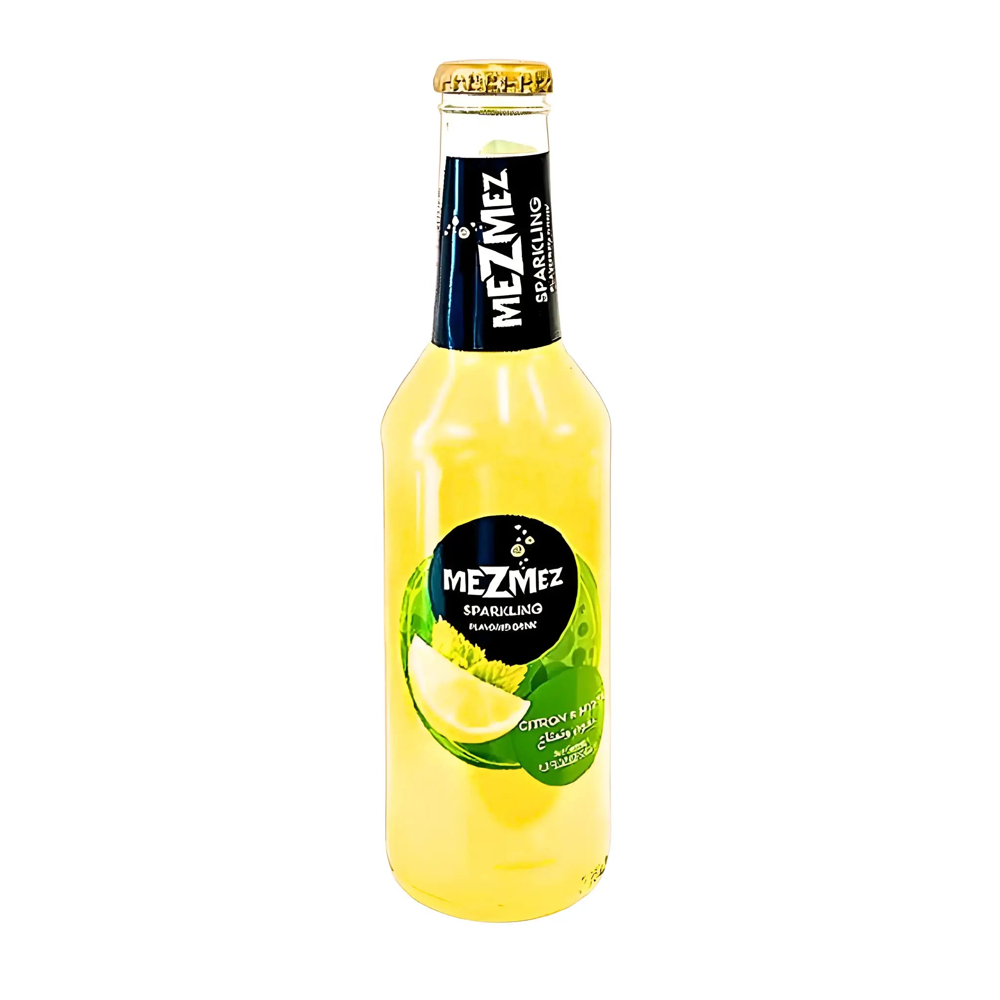 MezMez kolsyrad dryck citron mynta i glasflaska med grön och svart etikett