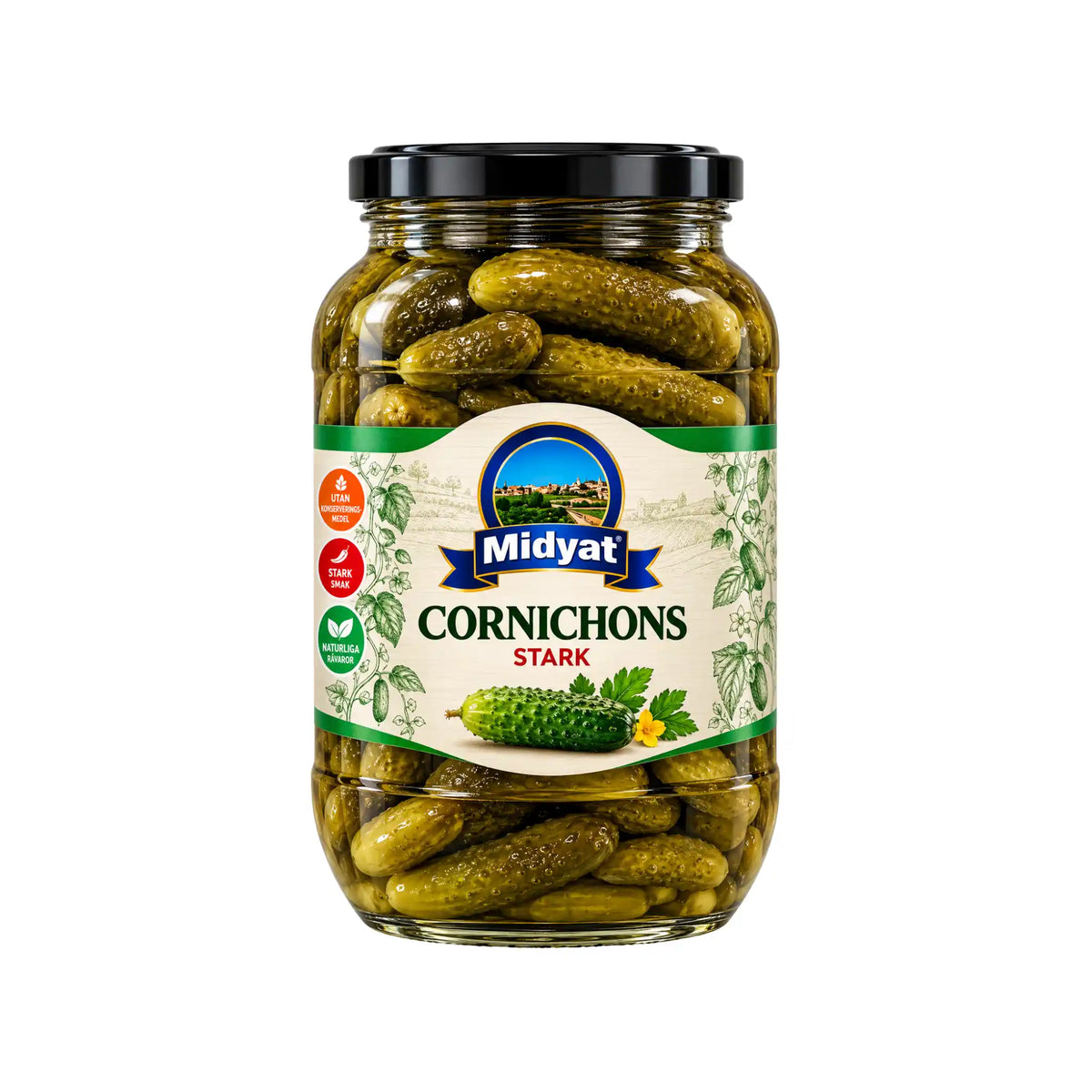 Produktbilde: Midyat Cornichons Stark 480g – Sprø & Hete Innlagte Smågurker | Shirdell.no