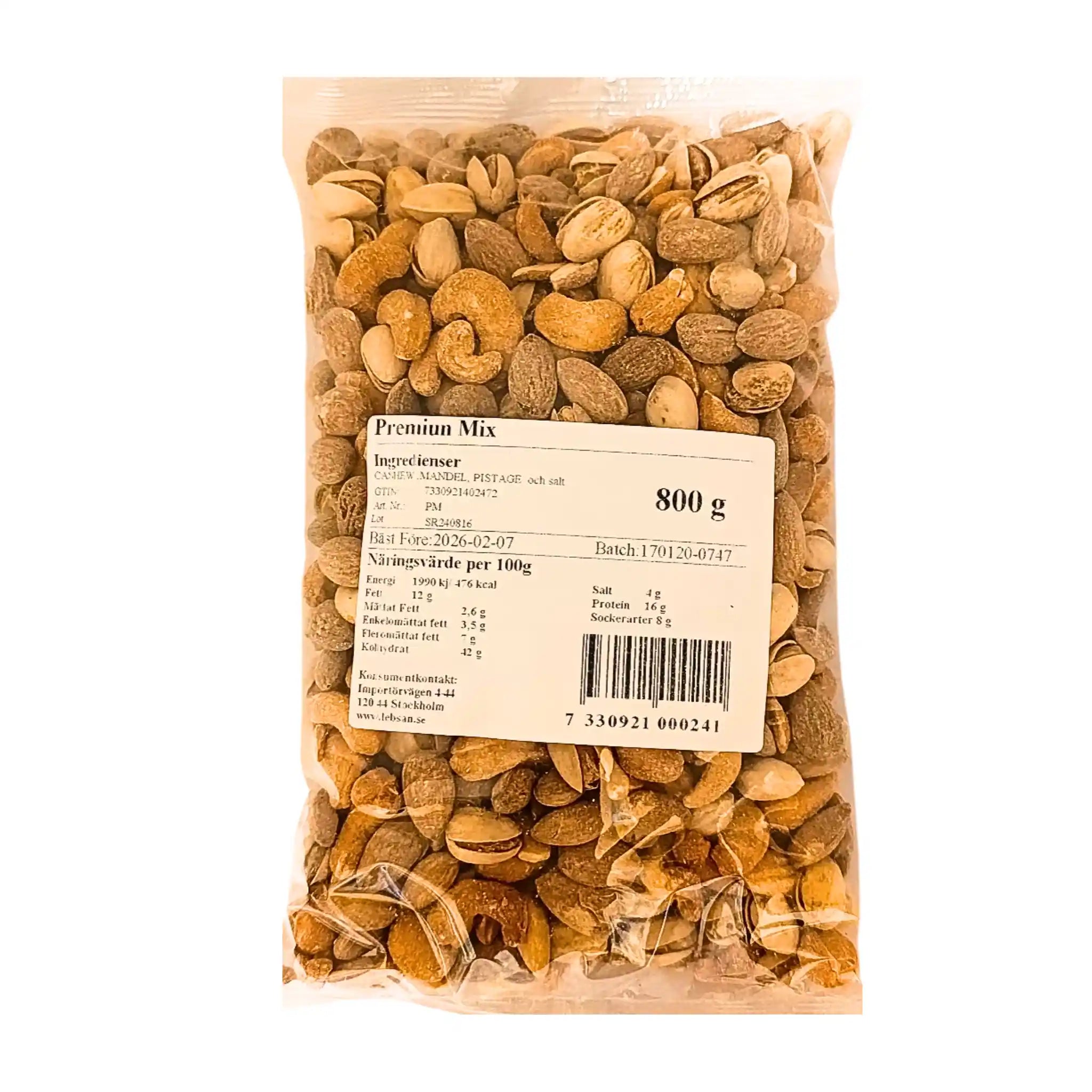 Påse med premium mixade nötter 800g, cashew, mandel, pistage, genomskinlig förpackning