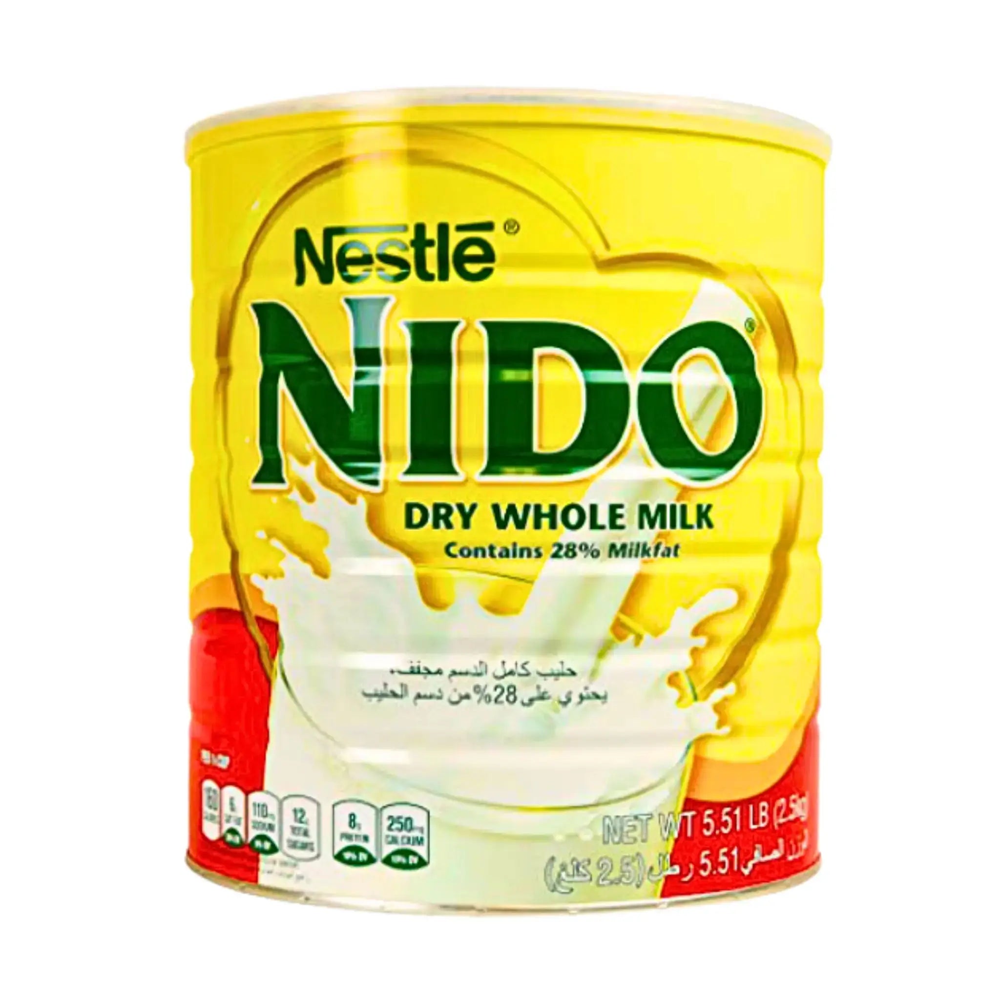 Stor burk Nido torr helmjölk 28% fett, gul förpackning med mjölkstänk, 2500g.