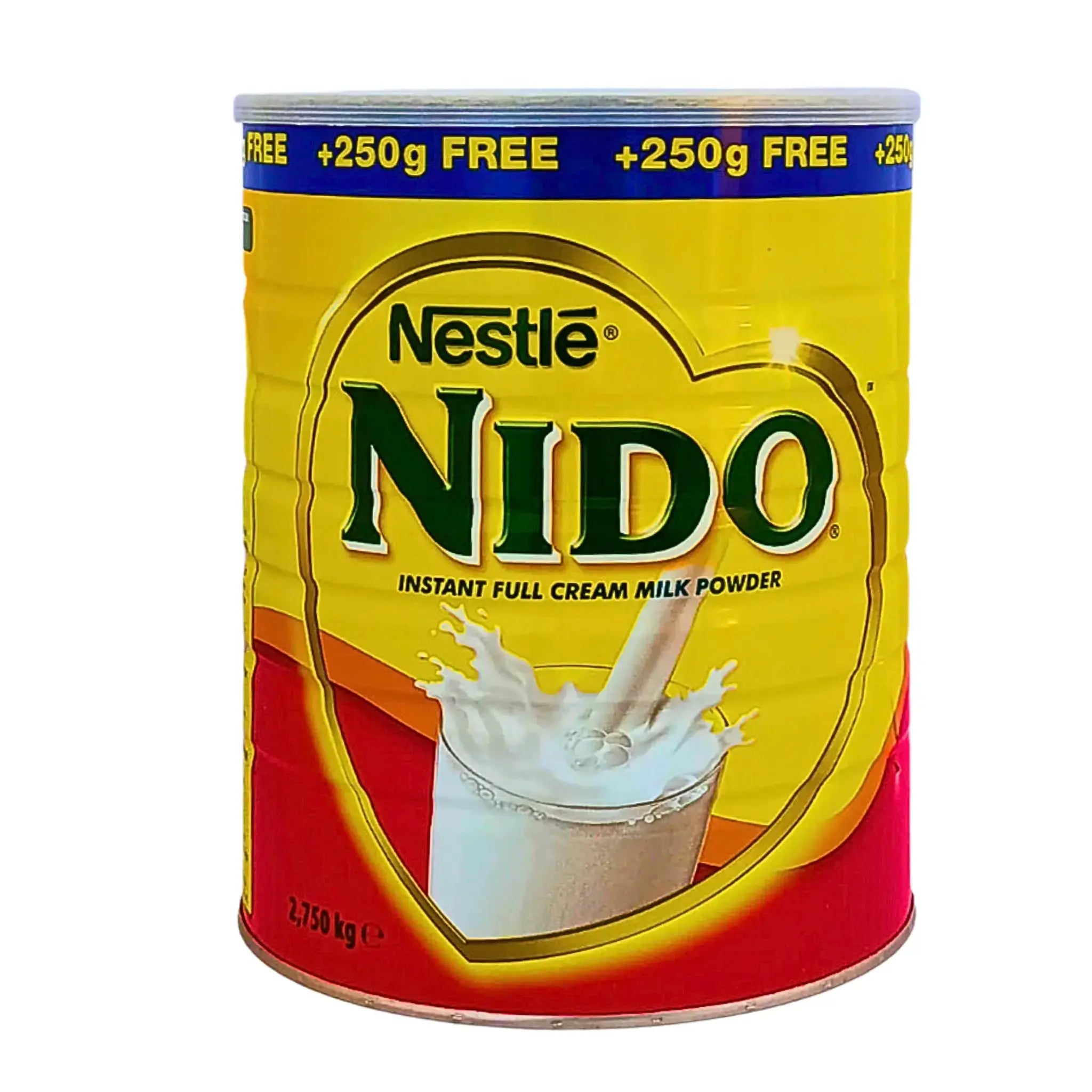 Nido mjölkpulver burk 2,5 kg, gul och röd förpackning med mjölkglas på framsidan