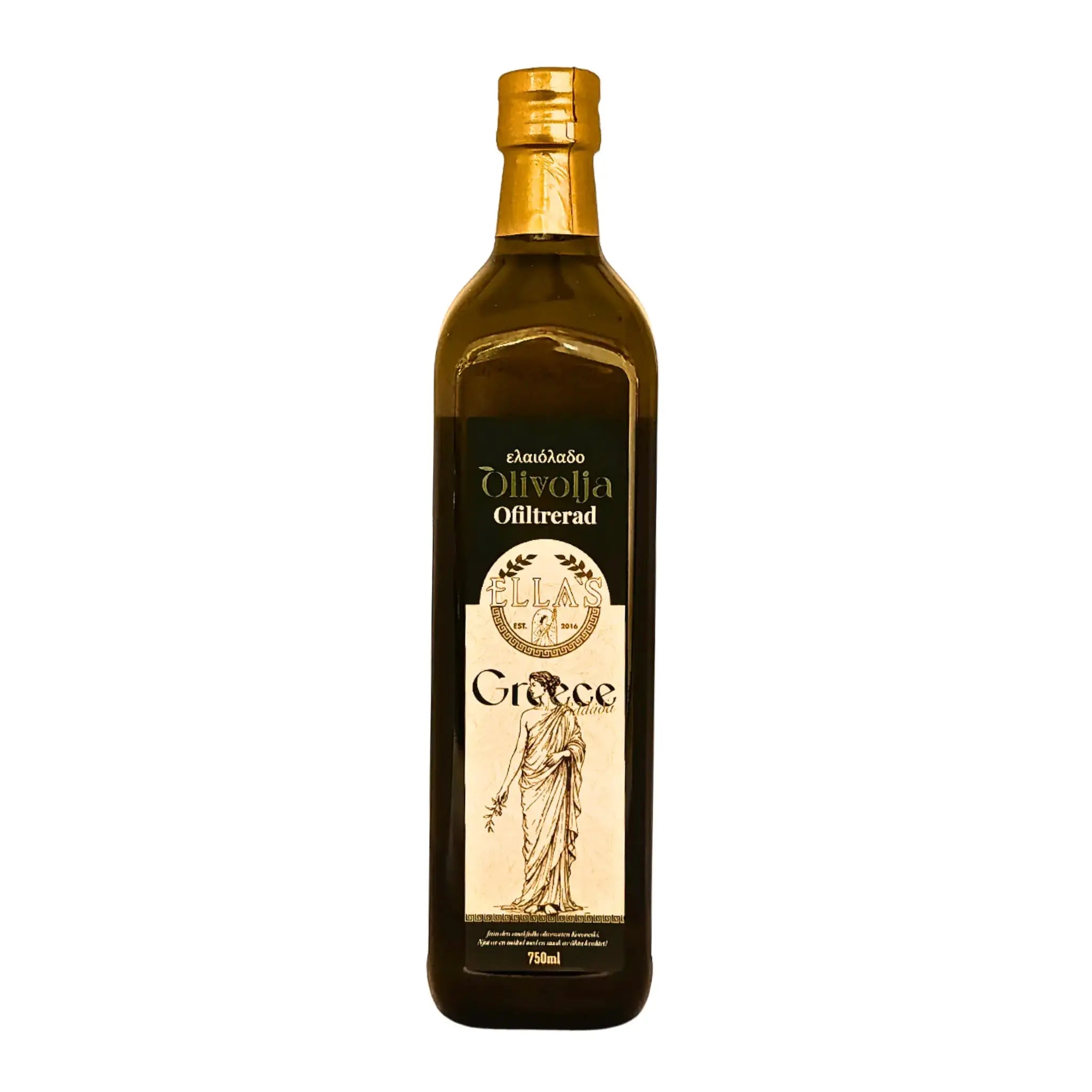 Ofiltrerad grekisk jungfru olivolja i mörk glasflaska, 750 ml, med klassisk etikett