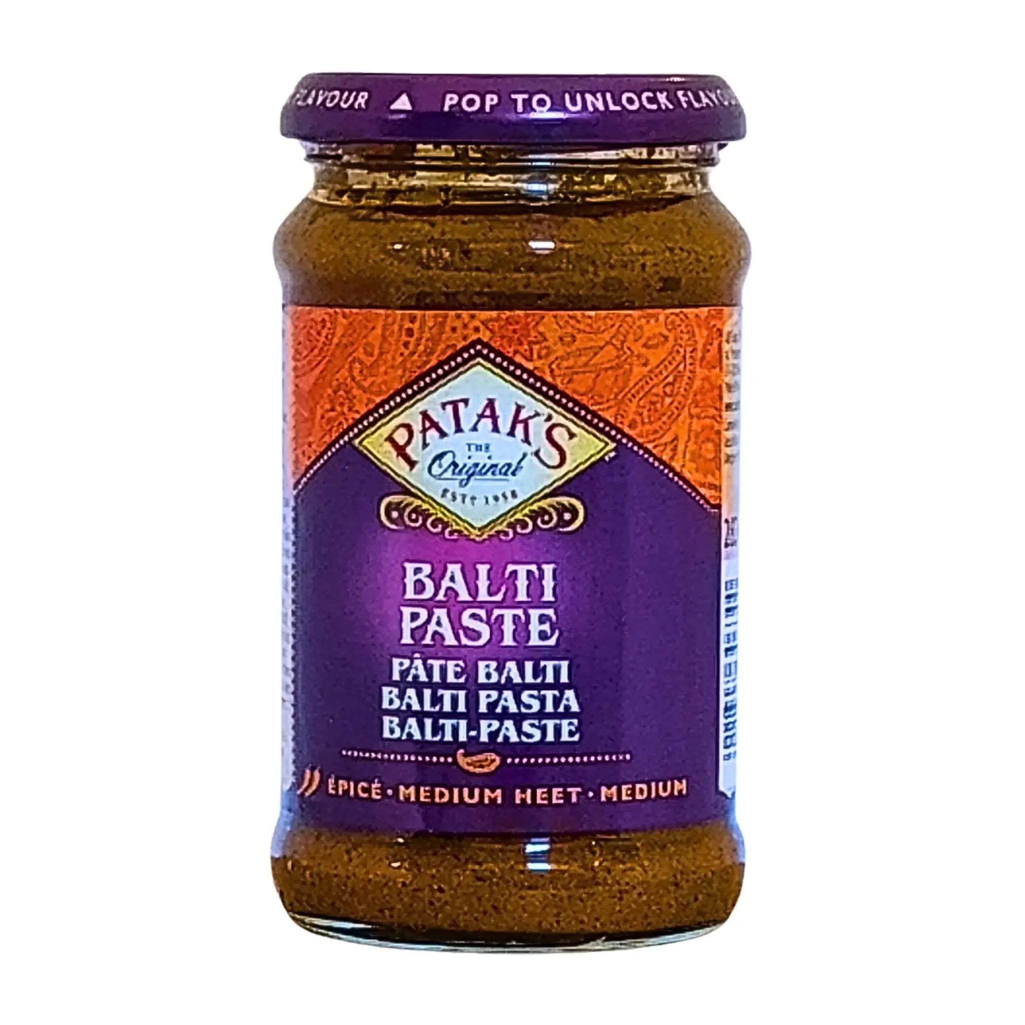 Burk med Patak's Balti curry pasta, orientalisk kryddpasta, lila och orange etikett