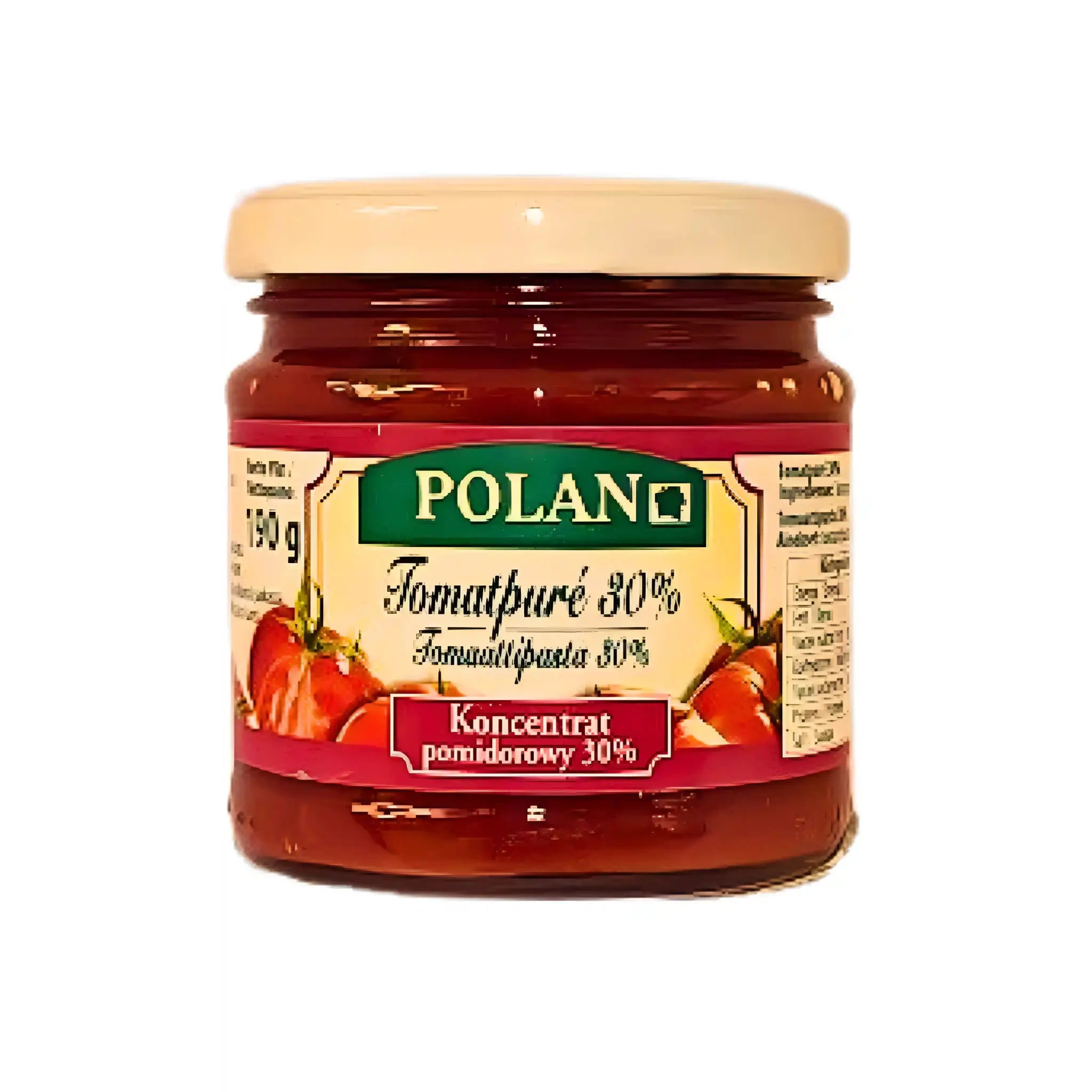 Burk med Polan tomatpuré 30%, orientaliska kolonialvaror, vit bakgrund