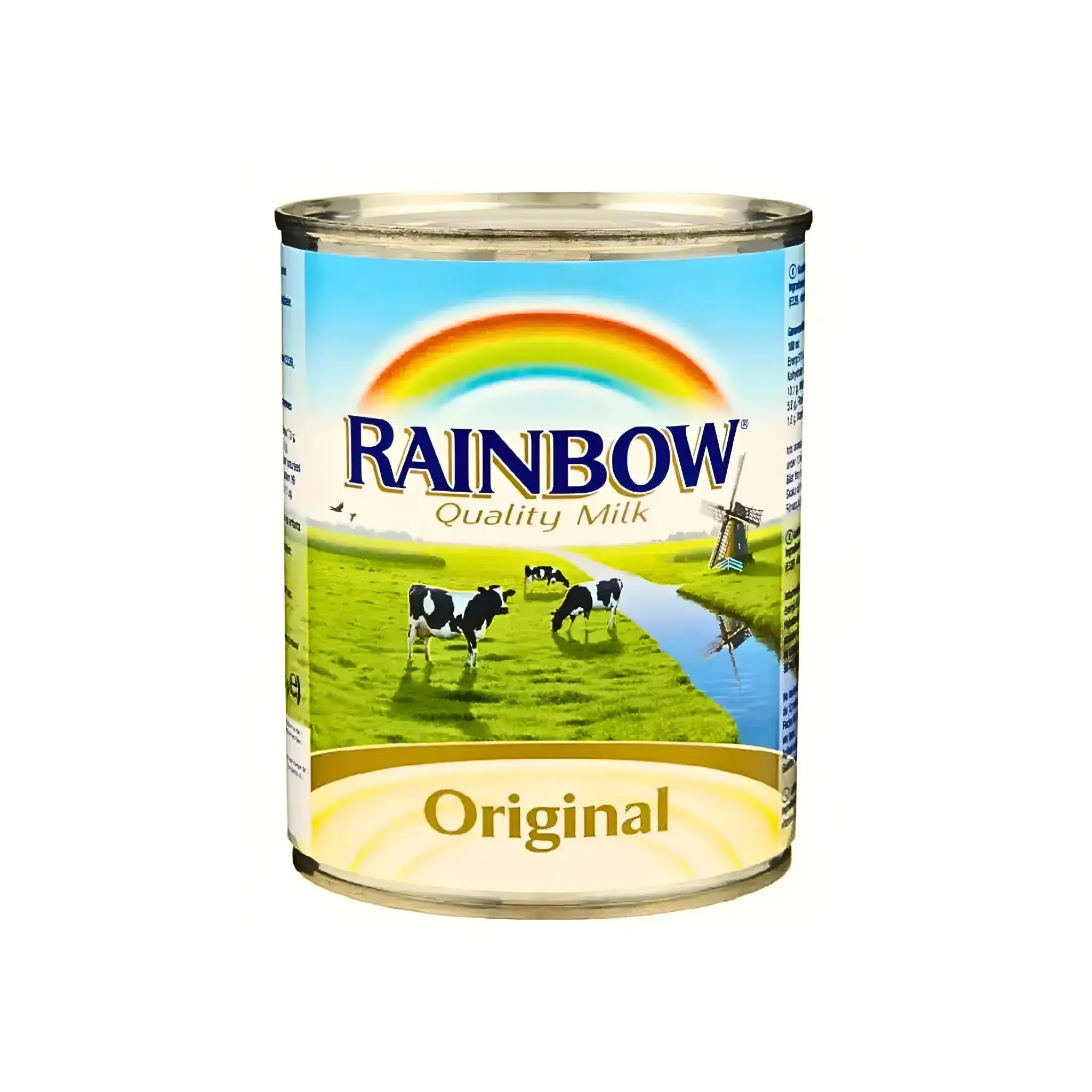 Rainbow sötad kondenserad mjölk, burk med motiv av kor och regnbåge, orientaliska varor