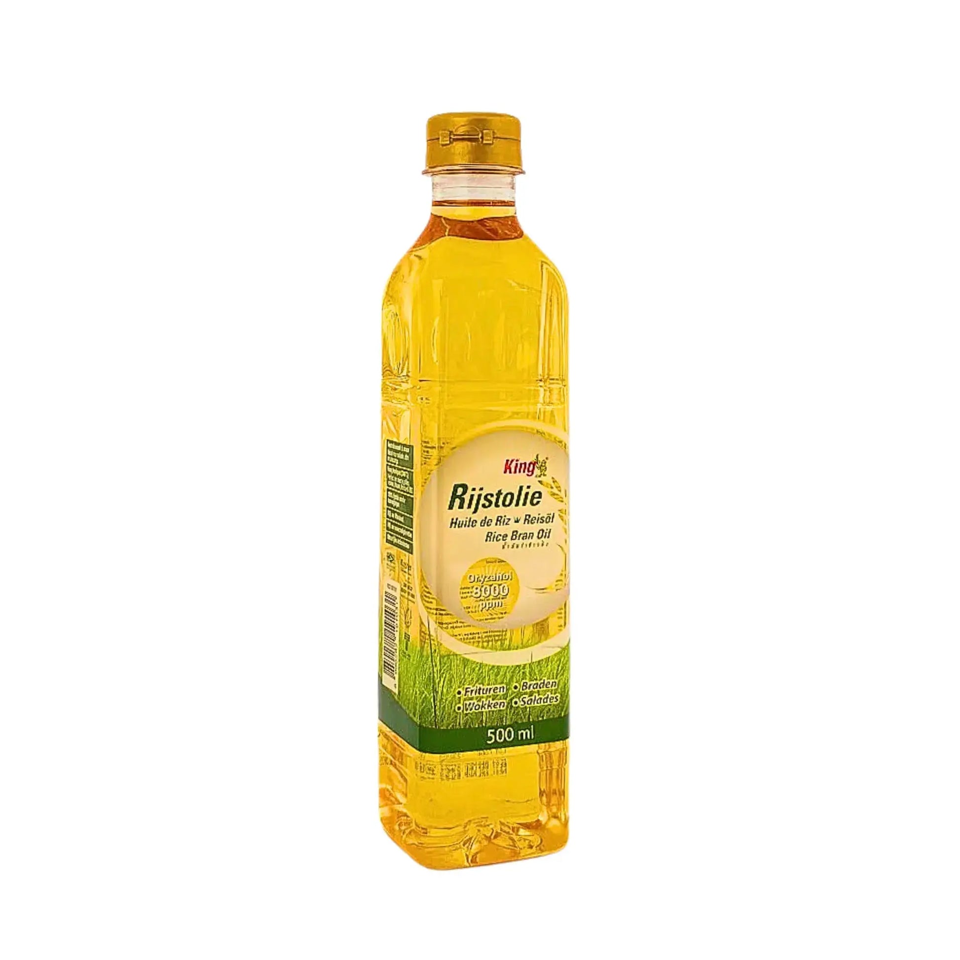 Flaska med 500 ml rapsolja, King Rice Bran Oil, orientaliskt livsmedel på vit bakgrund.